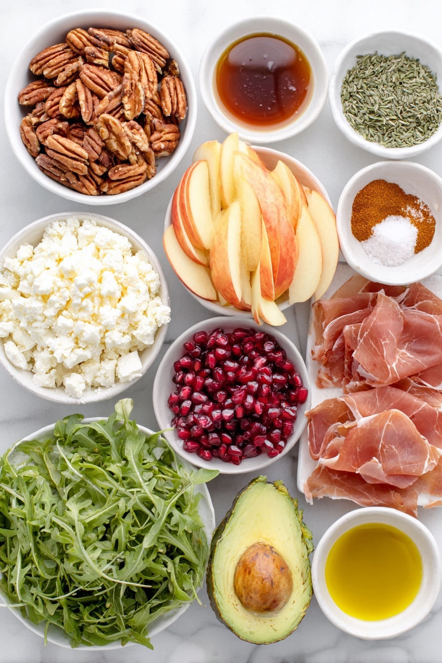 Flat lay of raw pecans, pumpkin seeds, small white bowl of maple syrup, small white bowl of cayenne pepper, small white bowl of ground cinnamon, flaky sea salt sprinkled in a small white dish, thinly sliced prosciutto laid neatly, fresh arugula leaves, thinly sliced honeycrisp apples arranged in a fan, diced ripe avocado, bright red pomegranate arils, crumbled feta cheese piled in a small white bowl, small white bowls of extra virgin olive oil, apple cider vinegar, Dijon mustard, apple butter, honey, fresh thyme leaves, chopped fresh sage, kosher salt and black pepper in small white bowls, all ingredients fresh and natural, balanced symmetrical layout placed on a clean white marble surface, soft natural light, photo taken with an iPhone, professional food photography style, fresh ingredients, white ceramic bowls, no bottles, no duplicates, no utensils, no packaging --ar 2:3 --v 7 --p awthu7i m7354615311229779997 - Autumn Harvest Honeycrisp Apple and Feta Salad, fall apple salad with feta and prosciutto, easy autumn apple salad recipe, seasonal Honeycrisp apple salad, healthy fall salad ideas