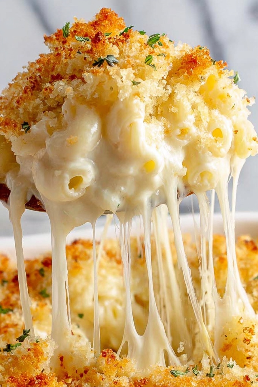 A close-up view of a black bowl filled with creamy macaroni and cheese. The dish has two main layers: the bottom layer is soft macaroni pasta covered in a smooth, white cheese sauce, and the top layer is golden brown toasted breadcrumbs with small green herb bits sprinkled throughout. A silver spoon is placed inside the bowl, scooping some of the macaroni. The background features a white marbled texture with a soft beige cloth visible in the top left corner. Photo taken with an iphone --ar 2:3 --v 7 - Baked Mac and Cheese, cheesy baked pasta, homemade mac and cheese, crispy top mac and cheese, easy baked pasta recipe