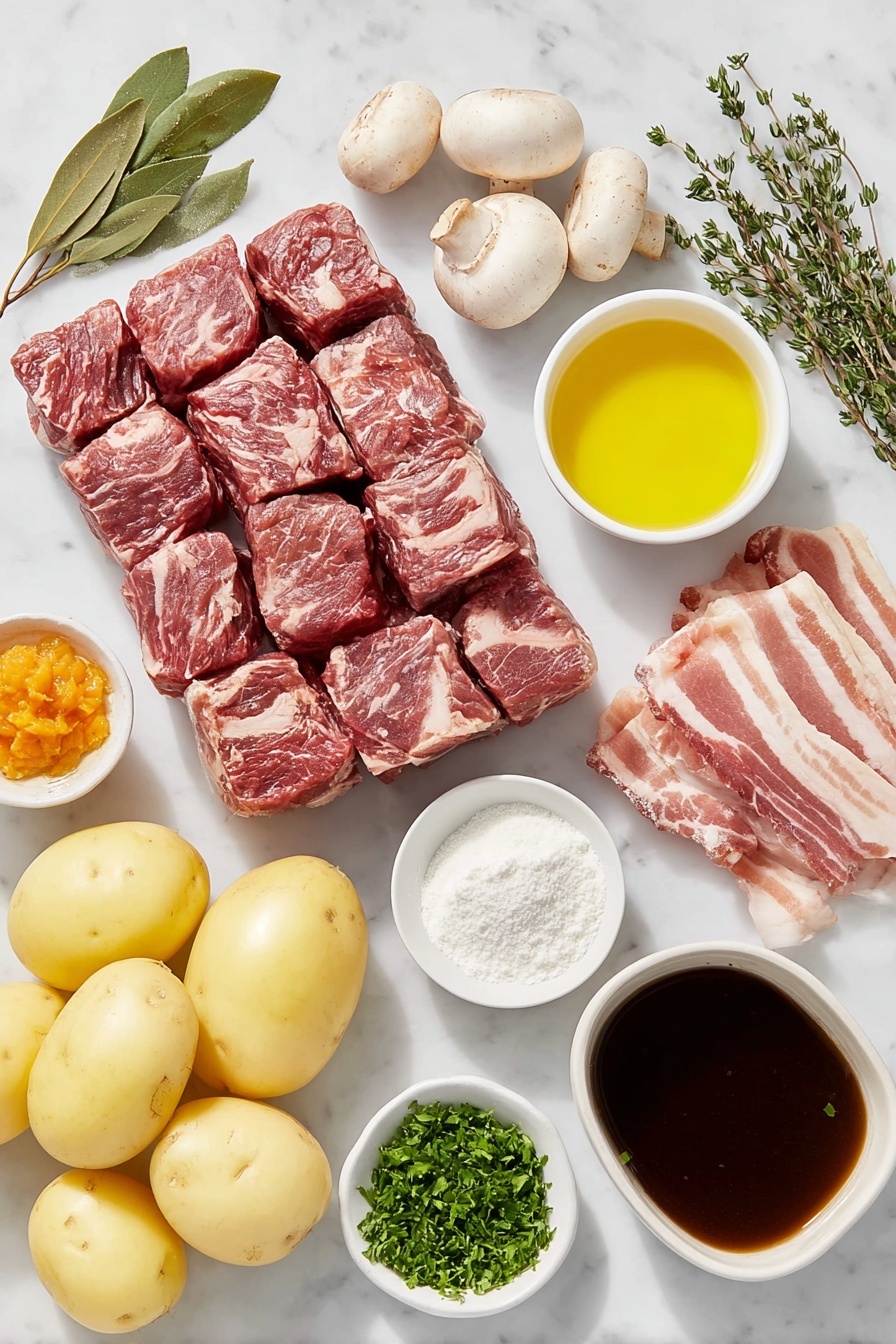 Flat lay of a thick slab of chuck beef cut into chunky cubes with visible marbling of fat, two large fresh carrots cut diagonally into chunky pieces, a cluster of small round pearl onions with pale glossy skins, three fresh green sprigs of thyme, a single fresh bay leaf with a smooth deep green surface, a handful of halved cremini mushrooms with light brown caps, a piece of raw bacon cut into thick batons showing pink meat and white fat, three whole garlic cloves with clean white papery skins, a small mound of smooth red tomato paste on a white ceramic plate, a small white bowl filled with plain all-purpose flour, a small white bowl containing golden olive oil, a small white bowl holding deep red pinot noir wine, a small white bowl of rich brown homemade beef stock, and a small pile of freshly chopped bright green parsley, all arranged with perfect symmetry on a clean white marble surface, soft natural light, photo taken with an iPhone, professional food photography style, fresh ingredients, white ceramic bowls, no bottles, no duplicates, no utensils, no packaging --ar 2:3 --v 7 --p awthu7i m7354615311229779997 - Beef Bourguignon, Beef Burgundy, Classic Beef Stew, French Beef Stew, Hearty Red Wine Beef Dish