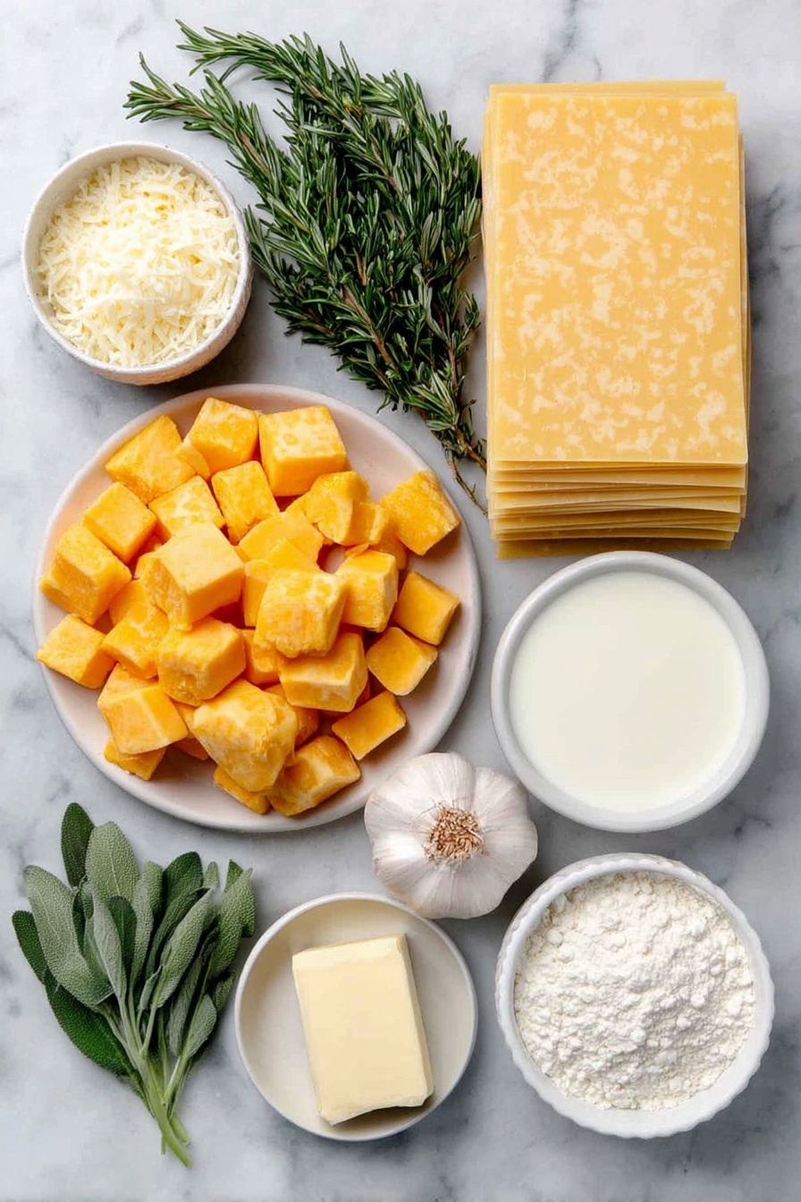 Flat lay of a small pile of fresh cubed butternut squash with bright orange color, a few sprigs of fresh green rosemary and sage, a whole bulb of garlic with several cloves visible, three whole uncracked brown eggs, a small mound of finely grated Parmesan cheese, a small white ceramic bowl of heavy cream, a small white ceramic bowl of creamy 2% milk, a small white ceramic bowl of golden olive oil, four uncooked flat sheets of no-boil lasagne pasta neatly stacked, a small white ceramic bowl of soft unsalted butter, and a small white ceramic bowl of pale all-purpose flour, all arranged symmetrically on a clean white marble surface, soft natural light, photo taken with an iPhone, professional food photography style, fresh ingredients, white ceramic bowls, no bottles, no duplicates, no utensils, no packaging --ar 2:3 --v 7 --p awthu7i m7354615311229779997 - Roasted Butternut Squash Lasagna, butternut squash lasagna recipe, fall vegetarian lasagna, cheesy butternut squash casserole, cozy vegan lasagna