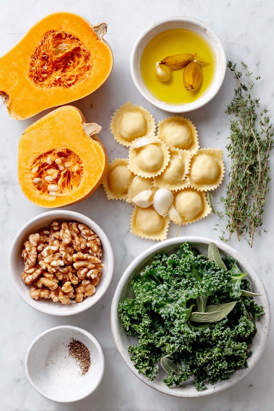 Flat lay of a small halved butternut squash with smooth orange flesh and seeds visible, three peeled garlic cloves, a medium shallot roughly chopped into pale purple chunks, a small pile of loose fresh green sage leaves, a few sprigs of fresh thyme with tiny green leaves, finely chopped walnuts in a small white ceramic bowl, a few uncracked brown eggs, a small white bowl filled with golden extra-virgin olive oil, a small white bowl containing clear pale apple cider vinegar, a pinch of ground nutmeg sprinkled neatly on white ceramic, fresh sea salt crystals in a small white dish, freshly ground black pepper scattered subtly on the surface, sheets of fresh pale yellow homemade ravioli pasta dough laid flat, and a small mound of bright green sautéed kale leaves, arranged with perfect symmetry and balanced proportions, placed on a clean white marble surface, soft natural light, photo taken with an iPhone, professional food photography style, fresh ingredients, white ceramic bowls, no bottles, no duplicates, no utensils, no packaging --ar 2:3 --v 7 --p awthu7i m7354615311229779997 - Butternut Squash Ravioli with Sage-Walnut Filling and White Wine Sage Sauce, autumn ravioli recipe, homemade pumpkin ravioli, sage and walnut pasta, cozy fall pasta dish