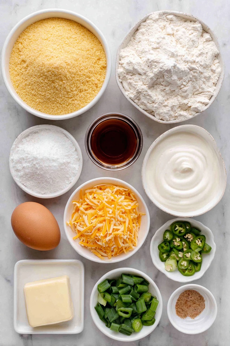 Flat lay of a small mound of golden yellow cornmeal, a neat pile of pale all-purpose flour, a few scattered sea salt crystals, a tiny heap of white baking powder, a pinch of baking soda, a small white ceramic bowl filled with creamy almond milk, one whole large brown egg with a clean shell, a small white bowl of amber maple syrup, a small white bowl of golden extra-virgin olive oil, fresh green scallions whole and chopped, a small pile of bright green seeded jalapeño peppers diced, a small mound of vivid orange shredded cheddar cheese, and a small pat of pale yellow butter placed on a simple white ceramic dish, all arranged in perfect symmetry on a clean white marble surface, soft natural light, photo taken with an iPhone, professional food photography style, fresh ingredients, white ceramic bowls, no bottles, no duplicates, no utensils, no packaging --ar 2:3 --v 7 --p awthu7i m7354615311229779997 - Spicy Jalapeño Cornbread, jalapeño cornbread recipe, spicy cornbread with jalapeños, cheesy jalapeño cornbread, flavorful cornbread side dish