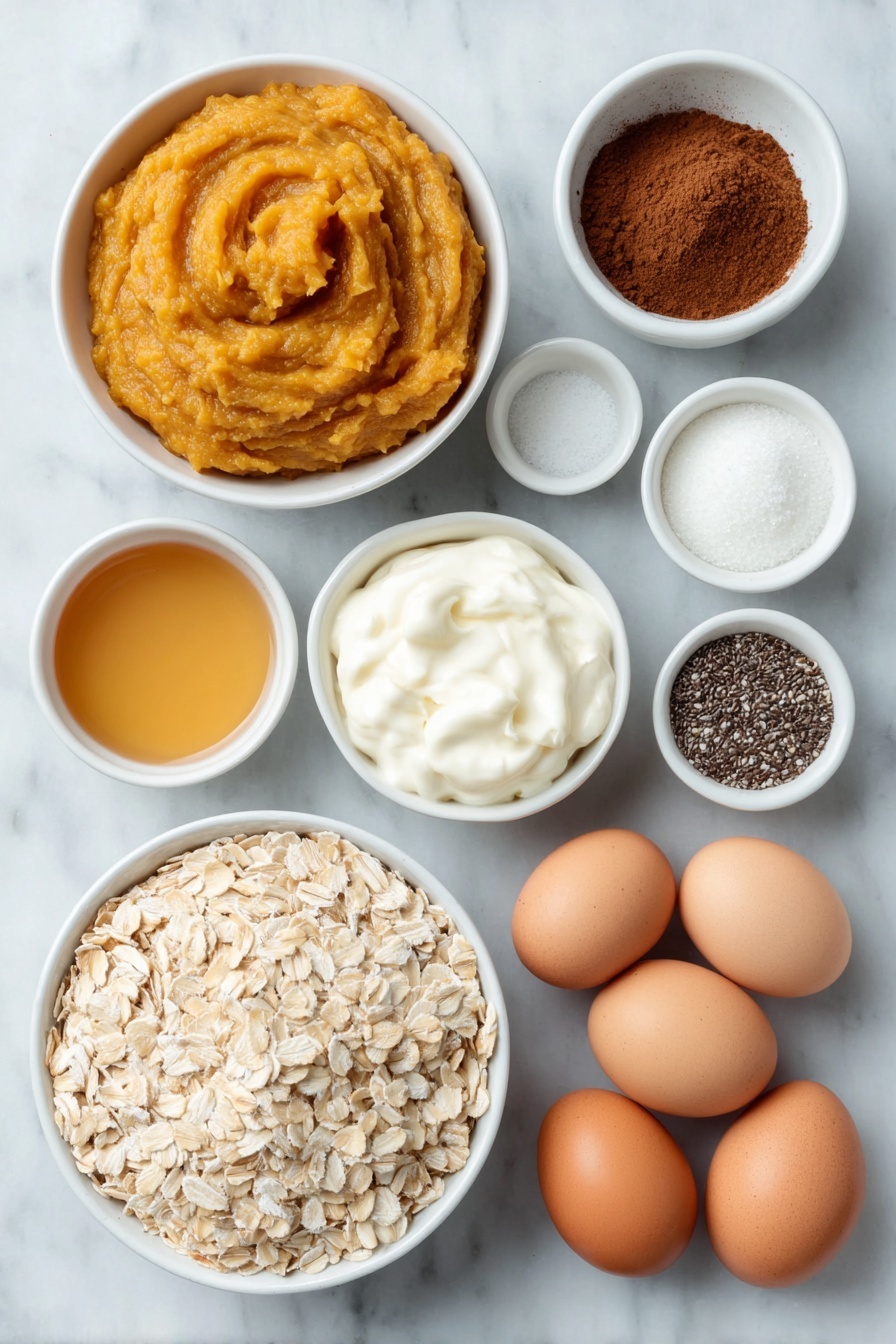 Flat lay of a small white ceramic bowl of fresh pumpkin puree, a small white ceramic bowl filled with golden maple syrup, a small white ceramic bowl of fine light brown sugar, a small white ceramic bowl holding rich dark instant espresso powder, a small white ceramic bowl containing warm brown pumpkin pie spice, a small white ceramic bowl with smooth vanilla Greek yogurt, a small white ceramic bowl of creamy milk, a neatly heaped pile of old-fashioned rolled oats, a small white ceramic bowl with tiny black chia seeds, a small cluster of whole uncracked brown eggs arranged symmetrically, placed on a clean white marble surface, soft natural light, photo taken with an iPhone, professional food photography style, fresh ingredients, white ceramic bowls, no bottles, no duplicates, no utensils, no packaging --ar 2:3 --v 7 --p awthu7i m7354615311229779997 - Pumpkin Spice Overnight Oats, Healthy Fall Breakfast, Make-Ahead Breakfast Recipes, Pumpkin Spice Breakfast Ideas, Easy Overnight Oats with Pumpkin Spice
