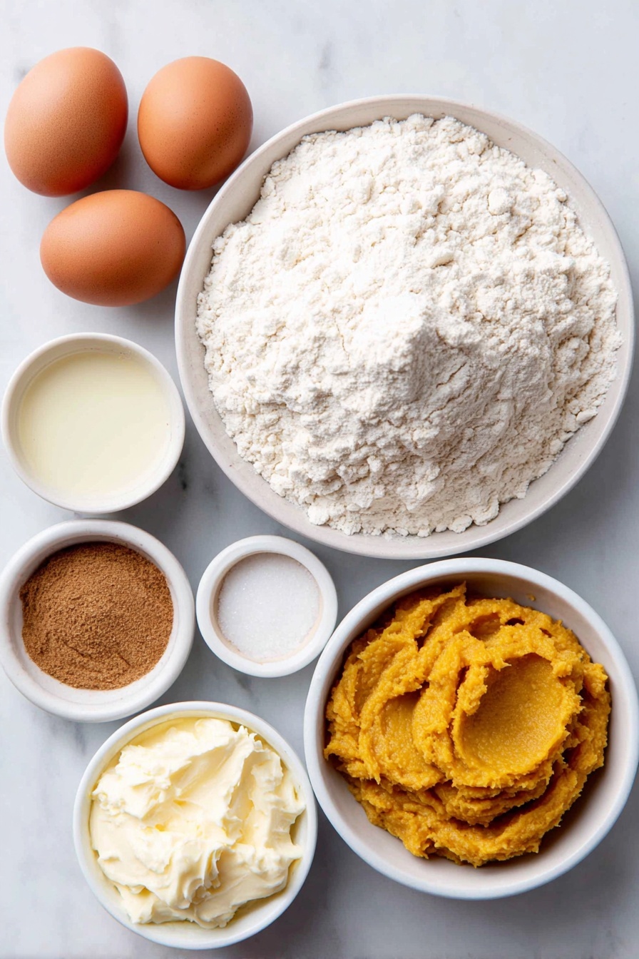Flat lay of a small mound of all purpose flour on a simple white ceramic plate, a small white bowl filled with light brown sugar, a small white bowl containing vibrant orange pumpkin puree, two whole uncracked brown eggs, a small white bowl of pale golden neutral oil, a small white bowl of creamy milk, a small white bowl holding a golden-brown mixture of pumpkin pie spice, a pinch of kosher salt arranged neatly beside the spice bowl placed on a clean white marble surface, soft natural light, photo taken with an iPhone, professional food photography style, fresh ingredients, white ceramic bowls, no bottles, no duplicates, no utensils, no packaging --ar 2:3 --v 7 --p awthu7i m7354615311229779997 - Pumpkin Waffles with Pumpkin Pie Spice, pumpkin spice waffle recipe, fall breakfast waffles, easy pumpkin waffles, cozy autumn waffle ideas