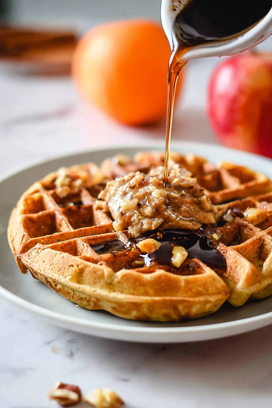 Two thick waffle pieces with a golden brown color sit on a white plate with a thin blue rim. The waffles have a textured grid pattern filled with syrup and a dollop of nut butter on top, which looks creamy and slightly chunky. A silver spoon with syrup is pouring a thin stream of syrup onto the front waffle, making it glisten. A white-handled fork rests next to the waffles. The background is blurred with warm tones and some fruits in soft focus. The surface beneath the plate is a white marbled texture. photo taken with an iphone --ar 2:3 --v 7 - Pumpkin Waffles with Pumpkin Pie Spice, pumpkin spice waffle recipe, fall breakfast waffles, easy pumpkin waffles, cozy autumn waffle ideas