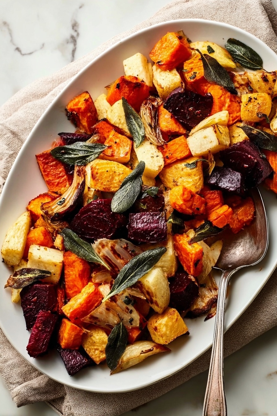 A white oval plate filled with a colorful mix of roasted root vegetables, including orange sweet potato chunks, deep purple beet pieces, yellow parsnip slices, and bright orange carrot rounds, all roasted to a slightly caramelized texture. Fresh green sage leaves are scattered on top, adding a fresh contrast to the warm tones of the vegetables. A silver spoon with a simple handle rests on the right edge of the plate. The dish sits on a white marbled surface with a beige cloth napkin partially visible in the upper right corner. Photo taken with an iphone --ar 2:3 --v 7 - Roasted Root Vegetables with Crispy Sage, roasted root vegetables, crispy sage side dish, healthy roasted veggie recipe, cozy vegetable side
