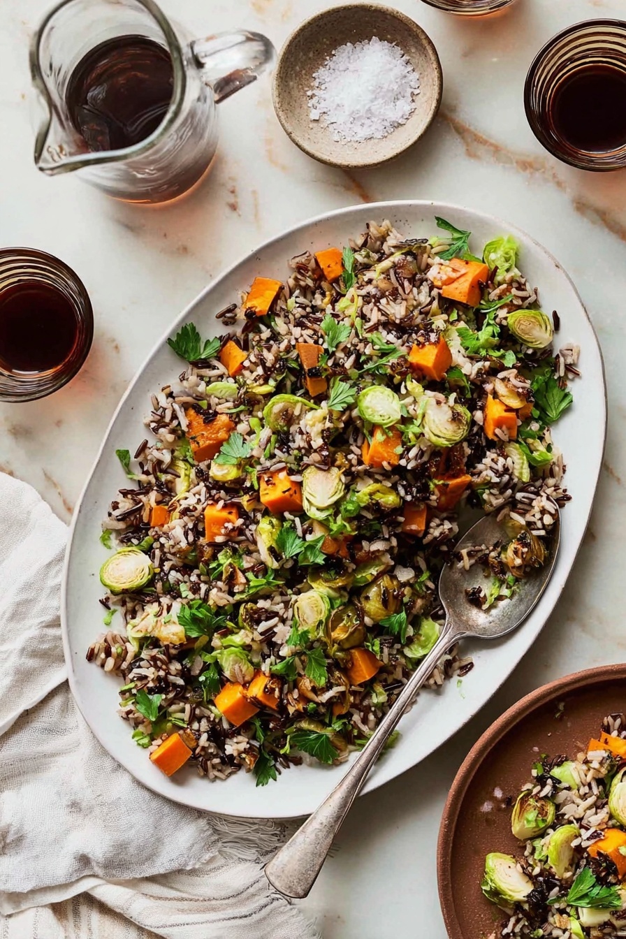 A large white oval plate holds a salad made of three main layers: the bottom layer is made of mixed rice including wild and brown rice with a slightly shiny and crunchy texture; the middle layer shows bright orange roasted sweet potato pieces with a soft and roasted texture spread widely across the rice; the top layer includes thin light green Brussels sprout slices and fresh green parsley leaves scattered evenly to add crispness and color contrast. Near the top edge of the plate, a tarnished silver spoon rests partially inside the salad, picking up some rice, sweet potato, and Brussels sprouts. The plate sits on a white marbled surface alongside a brown round plate carrying a smaller serving of the same salad. There is a small bowl filled with white coarse salt towards the left and two glass cups—one filled with dark liquid and the other with bubbles—toward the top right. A clear glass pitcher of water is also near the top left corner. Part of a white cloth with thin gray stripes lies near the bottom right. Photo taken with an iphone --ar 2:3 --v 7 - Wild Rice Pilaf with Sweet Potatoes and Cranberries, healthy wild rice side dish, fall vegetable recipes, colorful holiday side, vegan rice casserole