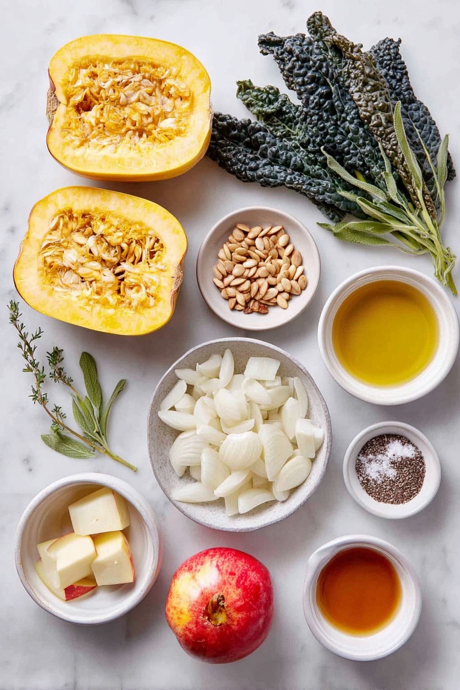 Flat lay of a fresh delicata squash cut into thick half-moon pieces, a small pile of halved pearl onions, a handful of glossy pepitas and pine nuts mixed together, several torn dark green lacinato kale leaves, a few chopped sage leaves, fresh thyme sprigs with vibrant green leaves, one small diced gala apple with bright red and yellow skin, a small white ceramic bowl with golden extra-virgin olive oil, a small white ceramic bowl containing amber apple cider vinegar, a tiny bowl with finely minced garlic, a separate bowl with smooth pale Dijon mustard, a very small bowl holding light amber maple syrup, and a simple white ceramic bowl sprinkled with coarse sea salt and cracked black pepper, all arranged symmetrically on a clean white marble surface, soft natural light, photo taken with an iPhone, professional food photography style, fresh ingredients, white ceramic bowls, no bottles, no duplicates, no utensils, no packaging --ar 2:3 --v 7 --p awthu7i m7354615311229779997 - Roasted Delicata Squash and Apple Salad, Delicata Squash and Apple Salad, Fall Salad Recipes, Healthy Roasted Vegetable Salad, Cozy Autumn Salad