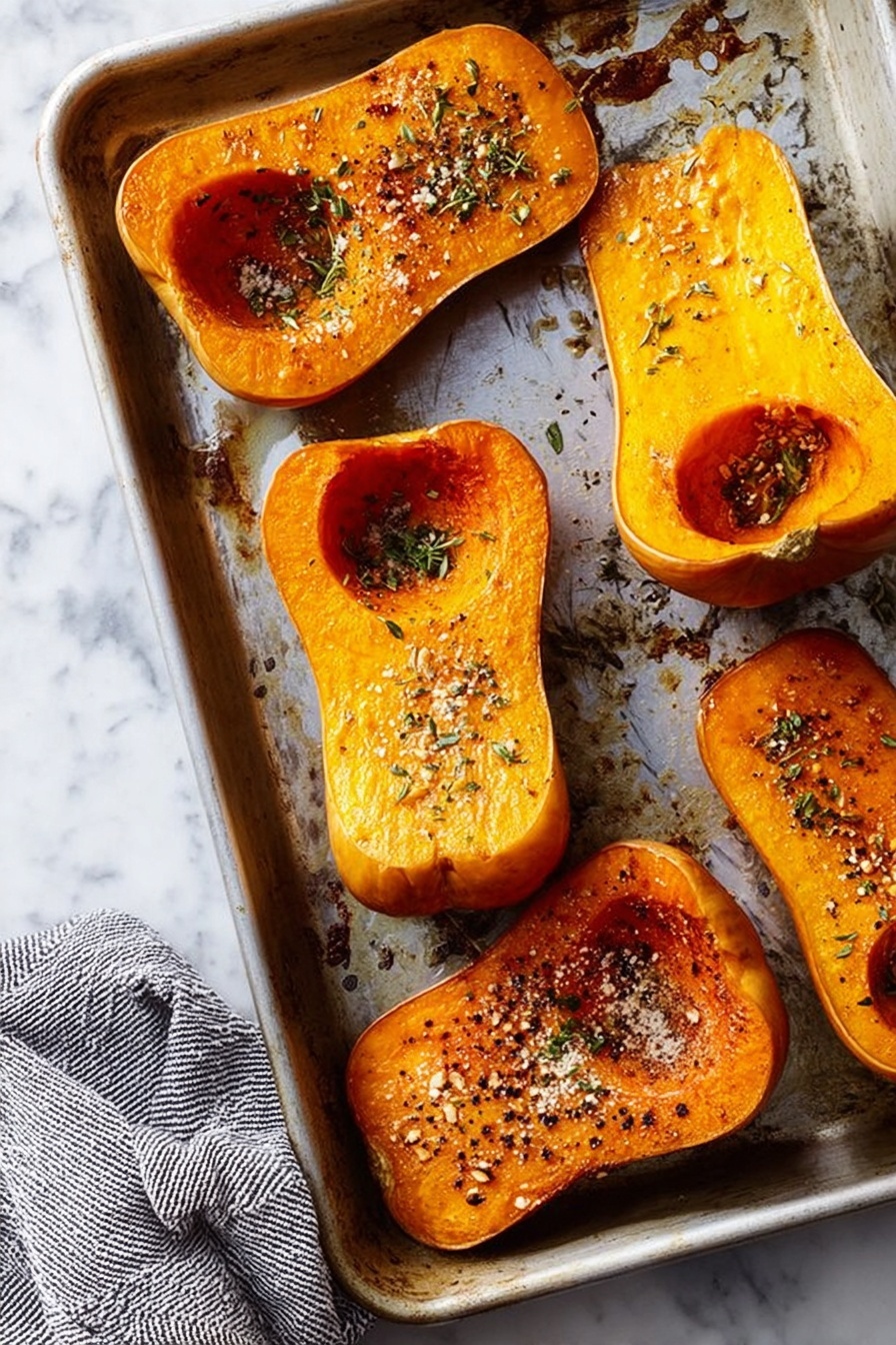 The image shows a metal baking tray with six halves of roasted butternut squash arranged loosely across it. Three halves have the deeper orange flesh side up, revealing a soft texture with some herbs and blackened bits sprinkled across for seasoning. The other three halves are flipped, showing the golden-brown skin side with a smooth, slightly shiny surface and some specks of seasoning. The tray has some oily spots and small burnt bits around the squash. Under the tray, a part of a grey and white striped cloth is visible on a white marbled surface. photo taken with an iphone --ar 2:3 --v 7 - Roasted Honeynut Squash with Ricotta and Walnuts, honeynut squash side dish, fall vegetarian recipes, easy roasted squash recipes, cozy squash side dish