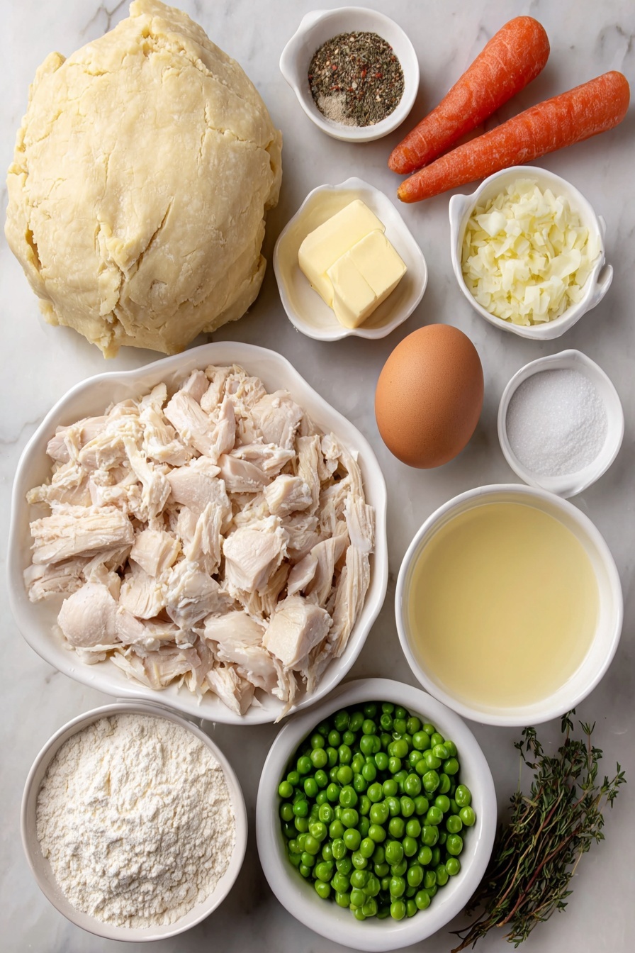 Flat lay of a small mound of pale yellow homemade pie crust dough disk, a pile of cubed raw boneless skinless chicken breast, two bright orange carrots sliced into rounds, several fresh celery stalks sliced lengthwise and crosswise, a small pat of unsalted butter, a handful of chopped yellow onion, a single peeled garlic clove minced, a small white bowl of all-purpose flour, a small white bowl of coarse salt, a small white bowl of freshly ground black pepper, a few sprigs of fresh dried thyme leaves, a small white bowl filled with golden chicken broth, a small white bowl with creamy half-and-half, a small pile of vibrant frozen green peas, one whole large brown egg with a smooth shell, a small white bowl with milk, and a few fresh green thyme sprigs for garnish, all arranged symmetrically on simple white ceramic dishes, placed on a clean white marble surface, soft natural light, photo taken with an iPhone, professional food photography style, fresh ingredients, white ceramic bowls, no bottles, no duplicates, no utensils, no packaging --ar 2:3 --v 7 --p m7354615311229779997 - Homemade Chicken Pot Pie, chicken pot pie recipe, homemade pot pie filling, flaky chicken pie crust, comfort food recipes