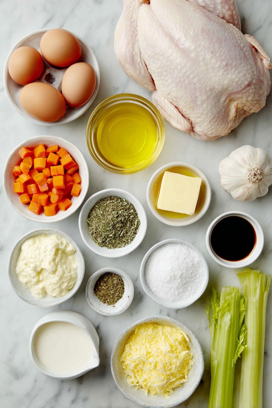 Flat lay of a raw bone-in skinless chicken breast with natural pink and white tones, a small mound of whole uncracked brown eggs, a few fresh bright orange diced carrots, two crisp green celery stalks with leaves, a small whole yellow onion, three peeled garlic cloves, a small white ceramic bowl of golden olive oil, a small white ceramic bowl of creamy melted butter, a small white ceramic bowl filled with white cake flour, a small white ceramic bowl with coarse granulated sugar, a small white ceramic bowl of cold milk, a small white ceramic bowl of pale sour cream, a small white ceramic bowl of light beige chicken broth, a small white ceramic bowl of frozen green peas, a small white ceramic bowl of mixed dried herbs (basil, parsley, thyme, rosemary, mustard powder, sage, pepper), a small white ceramic bowl containing bright reddish hot sauce, and a small white ceramic bowl with dark brown Worcestershire sauce, all neatly arranged in perfect symmetry on a clean white marble surface, soft natural light, photo taken with an iPhone, professional food photography style, fresh ingredients, white ceramic bowls, no bottles, no duplicates, no utensils, no packaging --ar 2:3 --v 7 --p m7354615311229779997 - Creamy Chicken and Dumplings Soup, Creamy Chicken and Dumplings, comforting chicken soup with dumplings, hearty chicken and dumplings recipe, easy creamy chicken soup