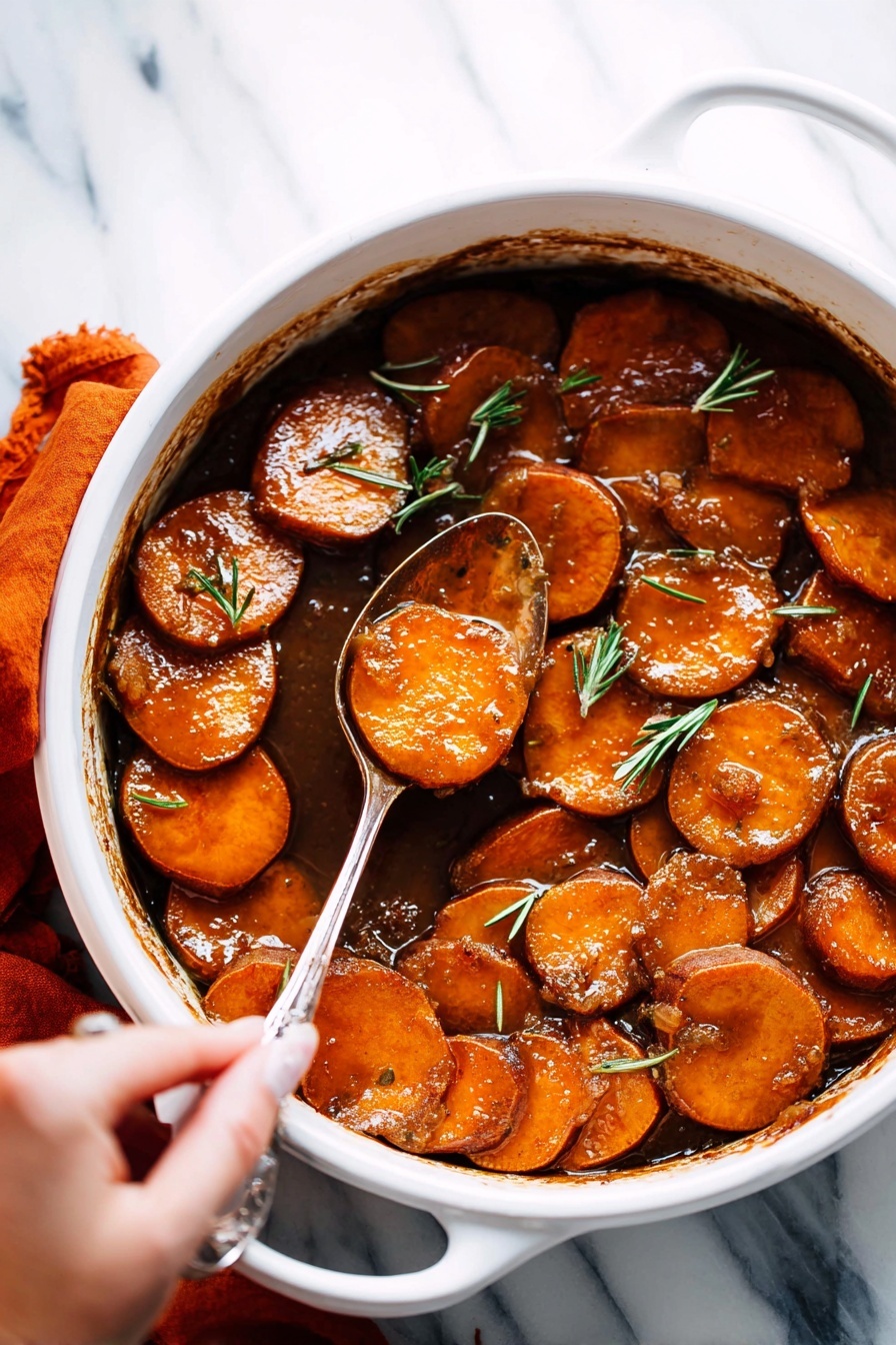 The image shows a close-up of thick round slices of cooked sweet potatoes, layered with a shiny, sticky brown sauce that coats them evenly. The sweet potatoes are soft with a smooth texture, and the sauce looks rich and slightly glossy, pooling around the edges. Small sprigs of green rosemary lie scattered among the slices, adding a touch of color. A silver spoon holds a couple of the sticky sweet potato slices, lifting them slightly above the rest. The background is a white marbled texture that adds contrast and focus to the warm orange and brown tones of the dish. photo taken with an iphone --ar 2:3 --v 7 - Candied Sweet Potatoes with Maple Sauce, sweet potato side dish, holiday sweet potato recipe, maple glazed sweet potatoes, easy sweet potato sides