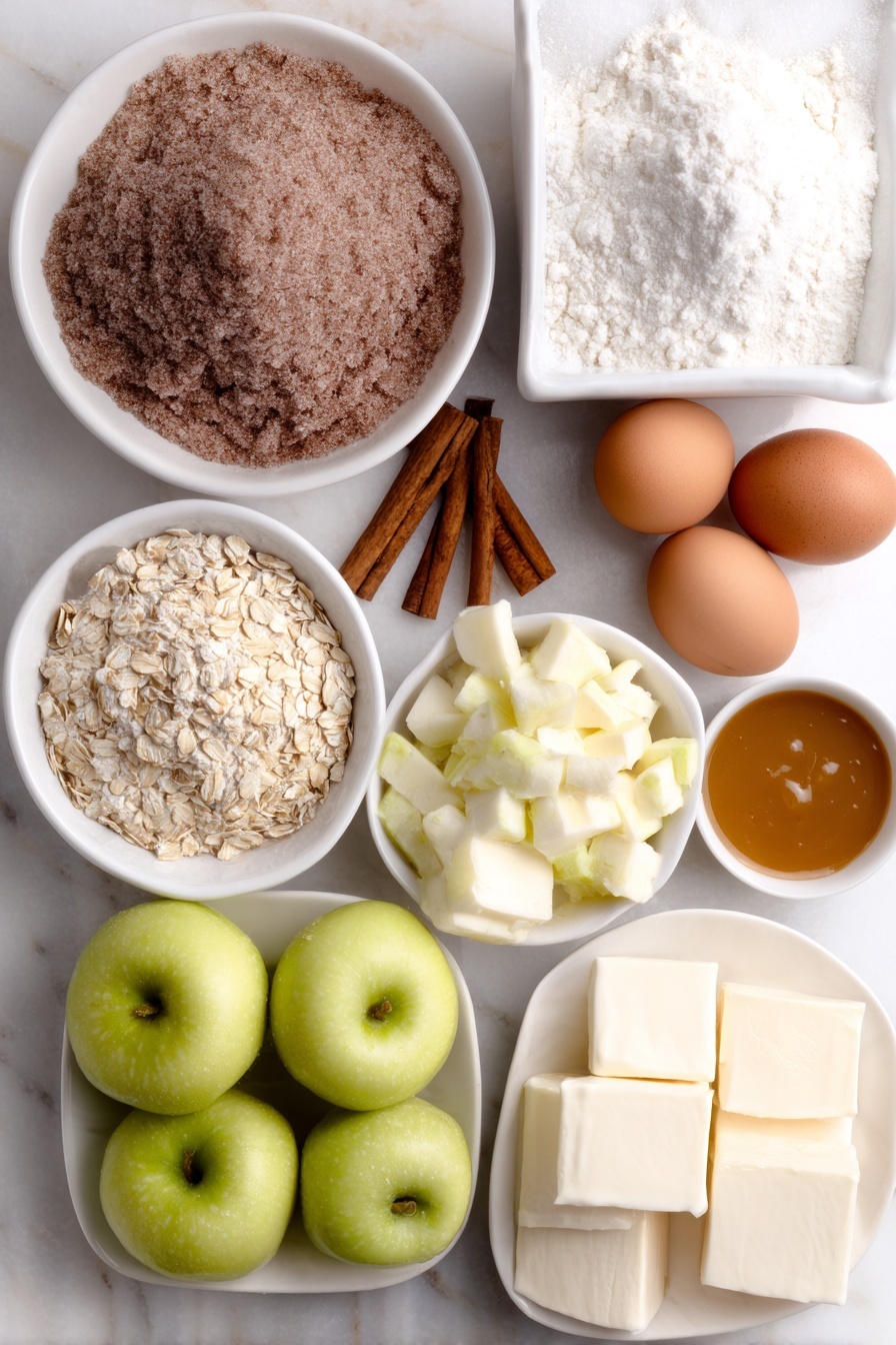 Flat lay of a small mound of all-purpose flour, a neat pile of firmly packed brown sugar, a large slab of softened butter, three whole brown eggs with clean shells, three peeled and cored Granny Smith apples chopped into small pieces, a few whole cinnamon sticks with scattered ground cinnamon and nutmeg beside them, a small white bowl filled with quick cooking oats, three blocks of cream cheese with smooth surfaces, a few whole vanilla beans, and a small white bowl holding golden caramel sauce, all arranged symmetrically in simple white ceramic bowls and plates, placed on a clean white marble surface, soft natural light, photo taken with an iPhone, professional food photography style, fresh ingredients, white ceramic bowls, no bottles, no duplicates, no utensils, no packaging --ar 2:3 --v 7 --p m7354615311229779997 - Caramel Apple Cheesecake Bars, fall dessert, caramel apple dessert recipe, apple cheesecake bars, easy autumn treats
