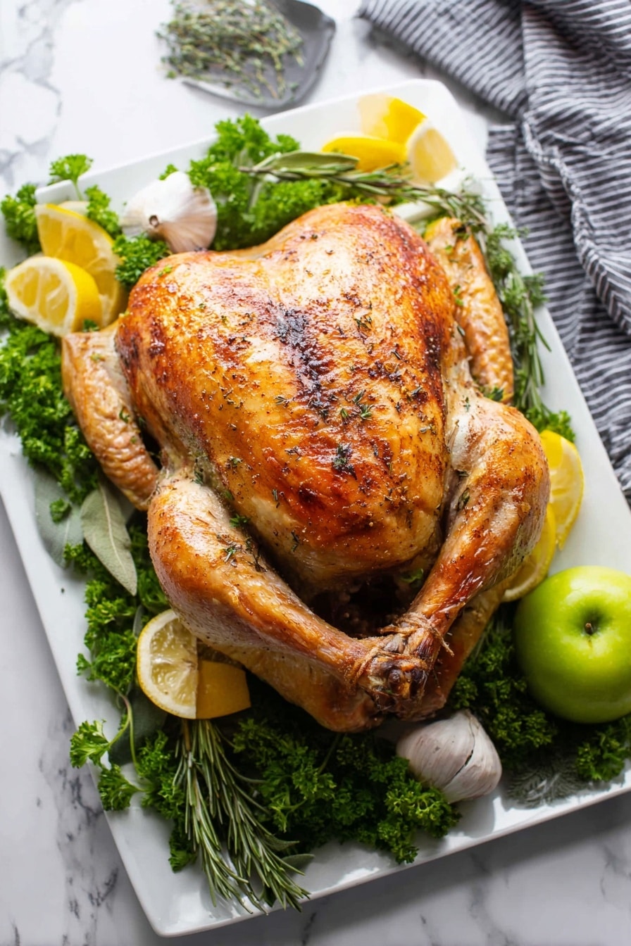 A whole roasted chicken with a golden-brown, crispy skin seasoned with herbs sits in the center of a white rectangular plate. The chicken is on top of a bed of green leafy herbs, adding fresh texture around the edges. Several lemon halves are placed around the chicken, showing bright yellow color and juicy interiors. A woman's hand is holding a knife slicing into the chicken's side, revealing tender, moist white meat inside. The background is a white marbled surface. Photo taken with an iphone --ar 2:3 --v 7 - Easy No Fuss Thanksgiving Turkey, Thanksgiving turkey recipe, simple turkey dinner, stress-free turkey roast, juicy roasted turkey