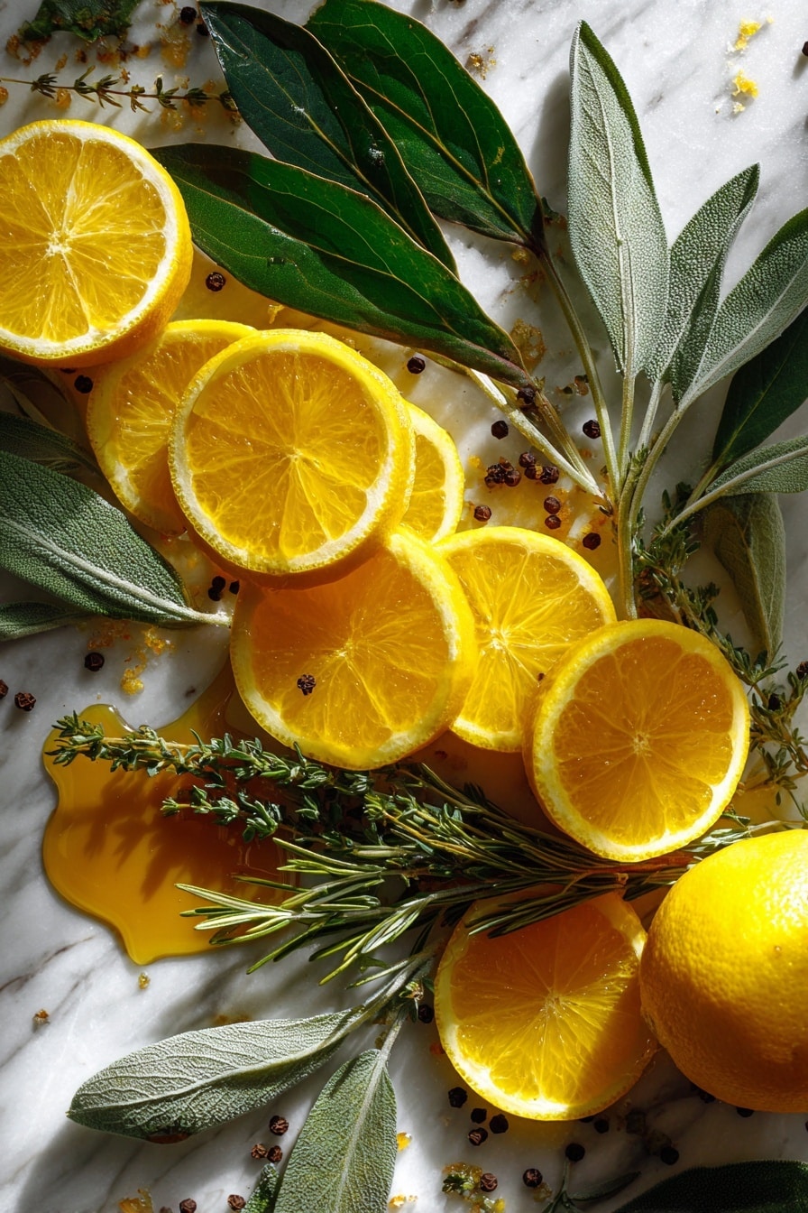 Flat lay of bright yellow lemon quarters and vibrant orange slices with glossy green rosemary sprigs and fresh bay leaves arranged naturally alongside soft sage leaves and tender thyme sprigs, scattered whole black peppercorns adding contrast, a small pile of rich golden maple syrup glistening gently, all placed on white marbled surface, photo taken with an iphone --ar 2:3 --v 7 - Easy Turkey Brine with Citrus, Herbs, and Garlic Herb Butter, citrus turkey brine, herb-infused turkey marinade, juicy turkey recipe, Thanksgiving turkey tips