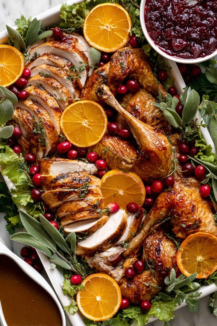 The dish shows a large white tray filled with roasted turkey pieces that are golden brown with a slightly crispy texture. On the left, slices of the turkey are neatly arranged showing the white and light brown meat inside. Whole turkey legs and wings are placed around, some garnished with bright red cranberries. Fresh green herbs and leafy greens cover the tray, with orange slices scattered on top and around the turkey. In the top right corner, there is a white bowl filled with dark red cranberry sauce that looks thick. At the bottom right, a white gravy boat contains a rich brown gravy. The whole scene is placed on a white marbled surface. Photo taken with an iphone --ar 2:3 --v 7 - Juicy Roast Turkey with Herb Garlic Butter and Homemade Gravy, roast turkey recipe, holiday turkey, flavorful turkey with garlic herb butter, homemade turkey gravy