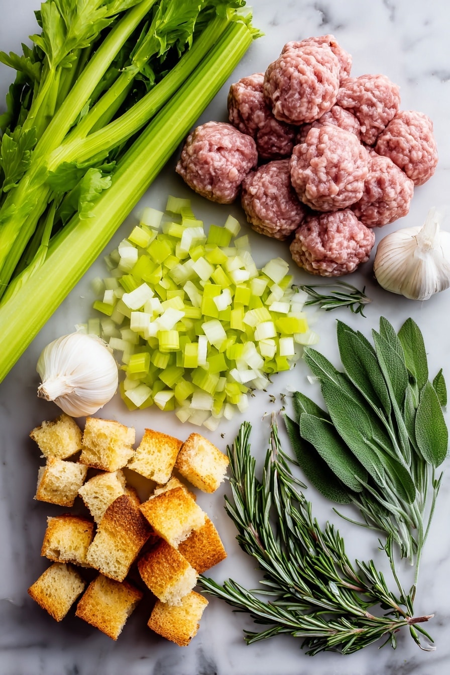 Flat lay of fresh sweet Italian sausage in raw bulk form with light marbling, diced bright yellow onion pieces, crisp pale green celery stalks chopped into small chunks, peeled garlic cloves with smooth white skin, sprigs of fresh green rosemary with needle-like leaves, soft sage leaves in muted gray-green tones, vibrant flat-leaf parsley chopped finely showing bright green color, all neatly arranged with rustic cubes of golden-brown bread stuffing, placed on white marbled surface, photo taken with an iphone --ar 2:3 --v 7 - Easy Sausage & Herb Stuffing, sausage stuffing, herb stuffing, holiday stuffing, savory stuffing side dish