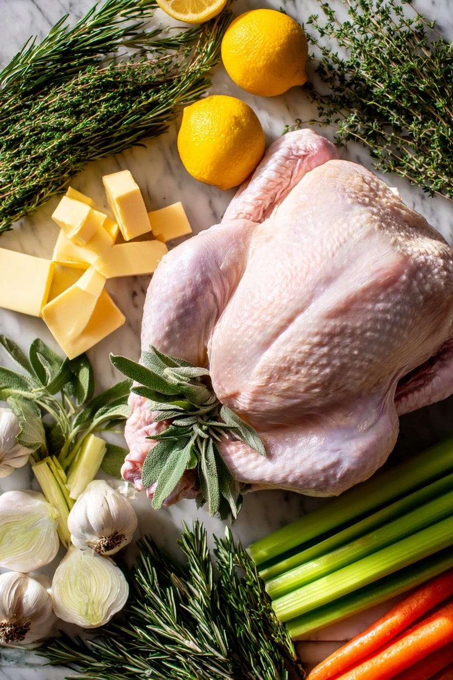 Flat lay of a whole raw turkey with pale pink skin, surrounded by fresh quartered yellow lemon wedges, vibrant green sprigs of rosemary, thyme, and sage with fine leaves, golden yellow chunks of unsalted butter, cloves of raw garlic with papery white skins and smooth texture, crisp orange carrot pieces, bright green celery ribs with a fibrous texture, and quartered white onion sections showing layered rings, all naturally arranged in an inviting, slightly scattered pattern, placed on white marbled surface, photo taken with an iphone --ar 2:3 --v 7 - Garlic Butter Roasted Turkey, turkey roasting tips, holiday turkey recipe, juicy turkey with garlic and herbs, easy turkey roast method