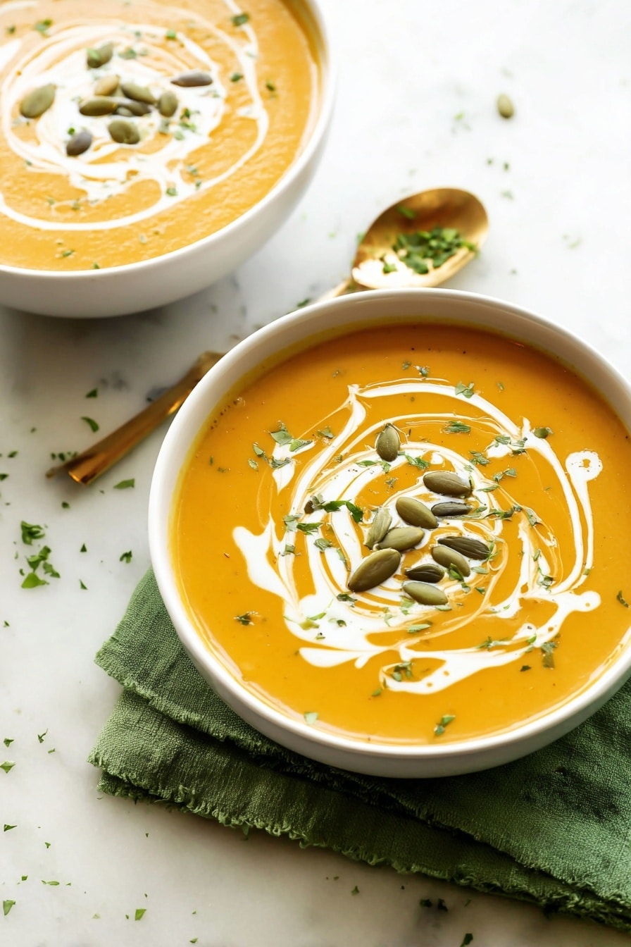 Two white bowls filled with smooth orange soup sit on a white marbled surface. Each bowl shows a swirl of white cream on top, with green pumpkin seeds placed in the center of the cream swirl. Small bits of chopped green herbs are scattered lightly over the soup. A golden spoon with a small sprinkle of green herbs rests beside one bowl on a green cloth. The photo has bright natural light highlighting the creamy texture of the soup, photo taken with an iphone --ar 2:3 --v 7 - Curried Butternut Squash Soup, butternut squash soup with curry, cozy fall soups, healthy fall soup recipes, creamy butternut squash soup