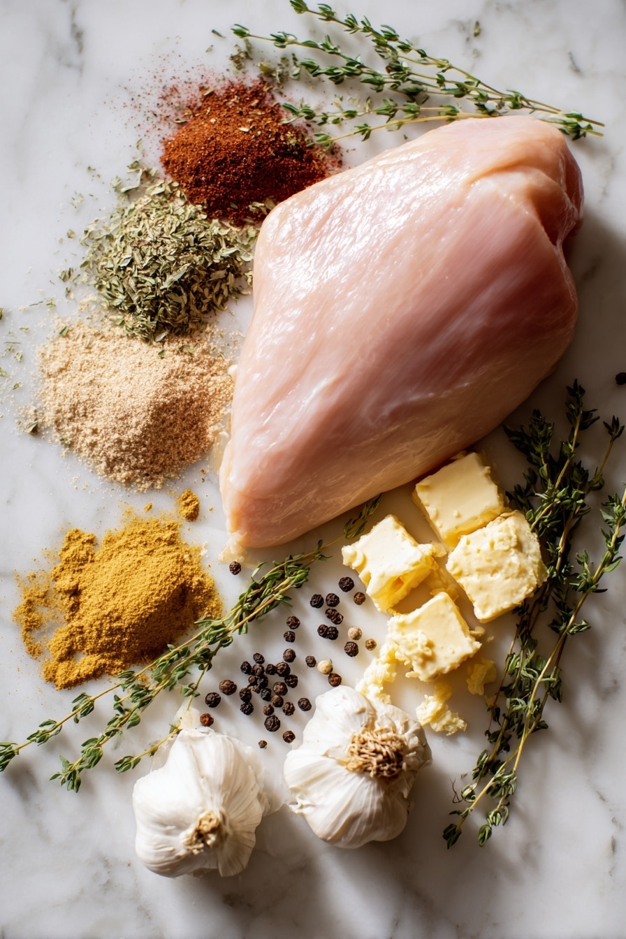 Flat lay of a plump, raw boneless turkey breast with smooth pale pink skin; small heaps of warm brown paprika, beige garlic powder, golden onion powder, greenish dried thyme sprigs, and mixed poultry seasoning powders; lumps of creamy yellow butter with a soft texture; fresh sprigs of bright green thyme scattered delicately; whole black peppercorns with shiny dark surfaces; all beautifully arranged in a natural, balanced composition, placed on white marbled surface, photo taken with an iphone --ar 2:3 --v 7 - Juicy Traeger Smoked Turkey Breast, smoked turkey recipes, easy turkey breast preparation, no brine smoked turkey, flavorful smoked turkey
