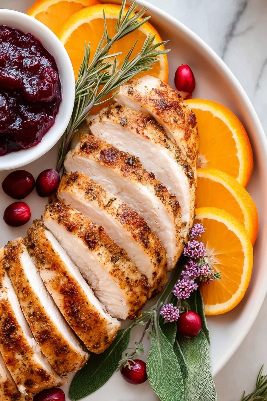 A white plate on a white marbled surface holds a sliced turkey arranged in a neat fanned shape, its golden-brown roasted skin on top with juicy white meat inside. To the left of the turkey, there are three bright orange slices quietly resting, with a small white bowl nearby filled with dark red cranberry sauce dotted with whole cranberries. A sprig of fresh green rosemary lies between the turkey and the bowl, garnished with fresh cranberries and a few green leaves scattered around the plate. A woman's hand appears on both sides, gently holding the edges of the plate. In the background, part of a striped cloth and an orange pumpkin sit on the white marbled surface. photo taken with an iphone --ar 2:3 --v 7 - Juicy Traeger Smoked Turkey Breast, smoked turkey recipes, easy turkey breast preparation, no brine smoked turkey, flavorful smoked turkey