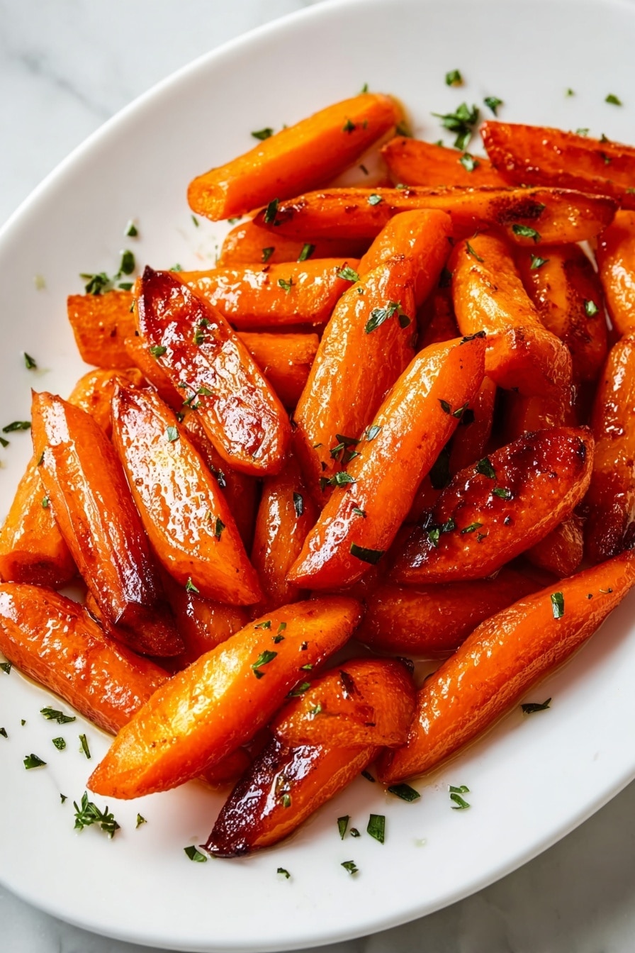 The image shows many roasted carrot pieces spread out on a baking tray with a slightly browned, oily surface. Each carrot is cut into long pieces, with some showing a shiny caramelized texture on one side, varying from deep orange to darker brown hues. The carrots appear tender with a lightly glazed look, and small bits of salt or seasoning are visible on their surface. The background is a white marbled texture. photo taken with an iphone --ar 2:3 --v 7 - Honey Glazed Carrots, roasted carrot side dish, easy veggie side, sweet glazed carrots, healthy roasted carrots