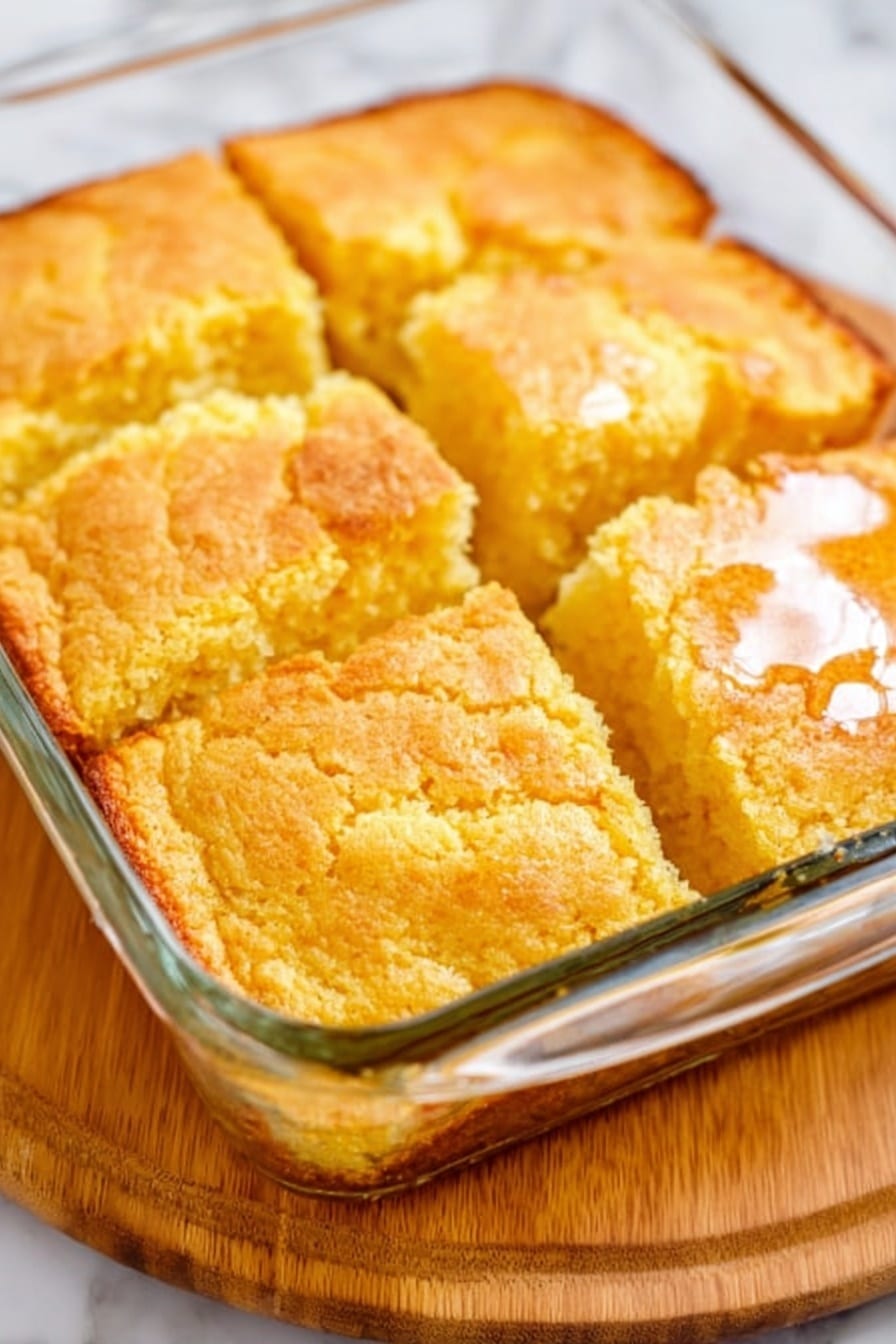 A thick square piece of cornbread with a golden brown crust on top and a soft, light yellow, crumbly inside sits on a stack of plain white plates with a thin blue rim. Small green parsley bits are sprinkled on the crust. The background shows blurry green leaves for decoration and a white marbled surface underneath. The cornbread piece looks moist and fluffy, with a slightly textured top. Photo taken with an iphone --ar 2:3 --v 7 - Garlic Butter Swim Biscuits, buttery garlic biscuits, melt-in-your-mouth biscuits, easy garlic biscuits, flavorful biscuit recipe