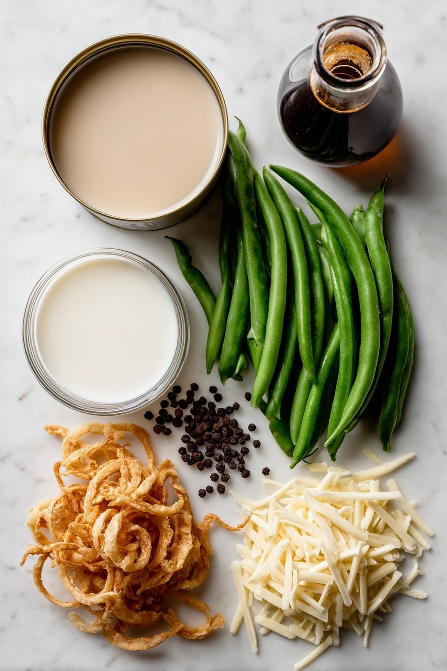 Flat lay of fresh green beans with their bright green pods intact, a smooth and creamy can of condensed mushroom soup with a soft beige color, a small glass of white milk reflecting light, a handful of golden crispy fried onions with delicate, crunchy textures, dark brown whole soy sauce bottle with rich, glossy surface, a cluster of black peppercorns showing their rough, matte texture, and a small pile of pale yellow shredded cheddar cheese with fine, thin strands, all naturally arranged with some scattered crispy onions and green beans overlapping gently, placed on white marbled surface, photo taken with an iphone --ar 2:3 --v 7 - Creamy Green Bean Casserole with Crispy Fried Onions, green bean casserole, casserole with fried onions, savory green bean side dish, holiday green bean casserole