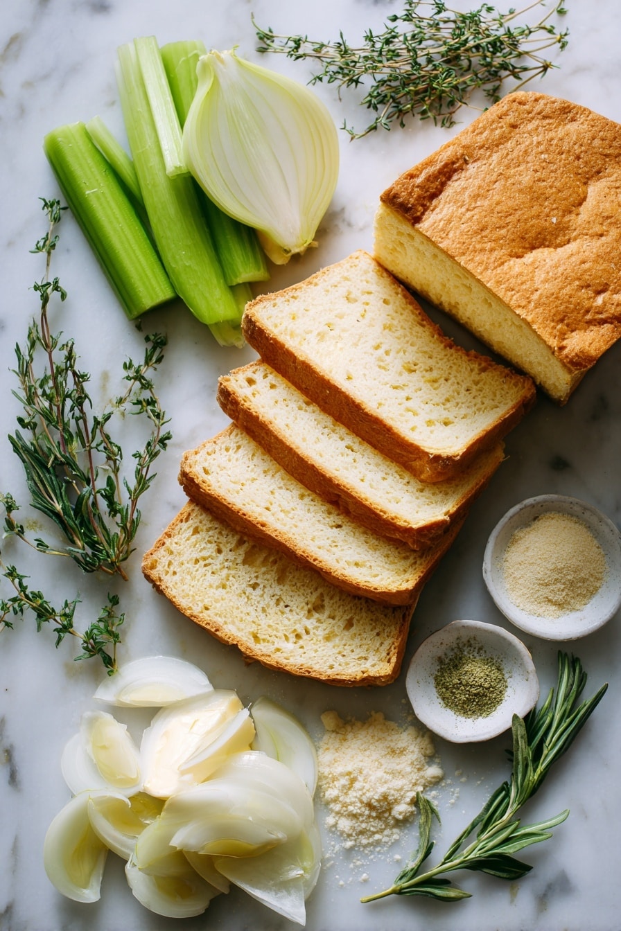 Flat lay of thick slices of golden honey white gluten-free bread arranged in a loose stack, bright green celery stalks with crisp texture sliced thinly beside a chopped soft yellow onion with visible layers, fresh sprigs of green thyme and rosemary scattered naturally, small piles of ground sage powder showing soft pale green hues, and a pat of creamy butter with smooth texture melting slightly on the side, all placed on white marbled surface, photo taken with an iphone --ar 2:3 --v 7 - Gluten-Free Stuffing, gluten-free stuffing recipe, holiday gluten-free stuffing, best gluten-free stuffing, easy gluten-free stuffing
