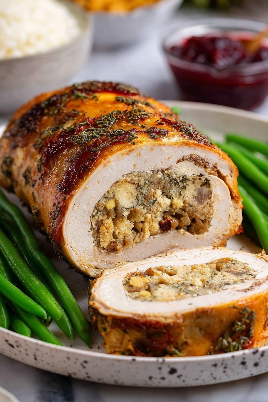A close-up view of a cooked rolled meat dish sliced neatly on a white plate with green beans and orange carrot sticks on the side. The dish shows three layers: the outer layer is golden brown with a crispy texture, the middle layer is thick and smooth, light beige in color, and the inner layer features a seasoned stuffing with a coarse, mixed texture in a light brown shade. The slices reveal the stuffed center clearly, with the whole roll resting on a white marbled surface. photo taken with an iphone --ar 2:3 --v 7 - Vegan Seitan Turkey Roast, vegetarian turkey substitute, plant-based holiday main dish, vegan stuffing and broth, vegan turkey roast with stuffing