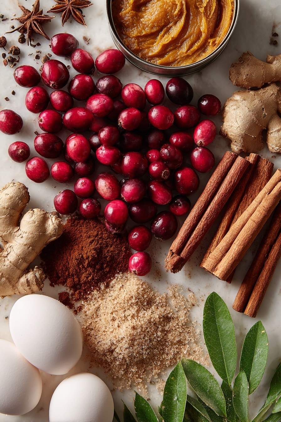 Flat lay of plump fresh cranberries with their vibrant deep red color and glossy texture, a smooth can of rich orange pumpkin puree opened to show its creamy inside, golden light and dark brown sugar mounded with coarse crystals visible, whole warm brown cinnamon sticks and scattered ground cinnamon powder with a soft texture, fresh nutmeg whole with its rough brown shell, fresh ginger root showing its knobby pale beige skin, bright white large eggs with a smooth matte surface, and fresh green leaves of pie crust dough rolled thin with delicate veins scored on top, all beautifully arranged in a balanced composition with contrasting colors and natural textures, placed on white marbled surface, photo taken with an iphone --ar 2:3 --v 7 - The Great Pumpkin Pie, pumpkin pie recipe, holiday pumpkin pie, homemade pumpkin pie, easy pumpkin pie