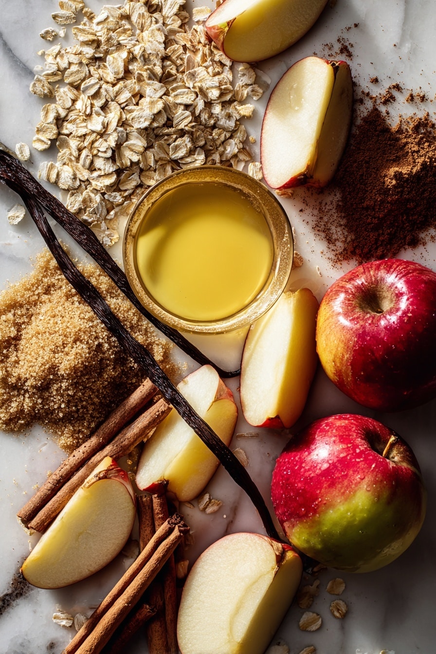 Flat lay of fresh sliced apples with their vibrant red and green skins and crisp white flesh, golden old fashioned oats scattered nearby with their rough texture, rich brown sugar heaps displaying deep caramel color, smooth light brown cinnamon sticks and fine cinnamon powder dusted gently, a small pool of melted butter glistening with creamy yellow tones, and a fresh vanilla bean pod showing glossy dark brown hues, arranged naturally with some cinnamon sticks crossing and apple slices fanned out, placed on white marbled surface, photo taken with an iphone --ar 2:3 --v 7 - Apple Crisp, Best Apple Crisp, Easy Apple Crisp, Homemade Apple Dessert, Cinnamon Apple Crisp