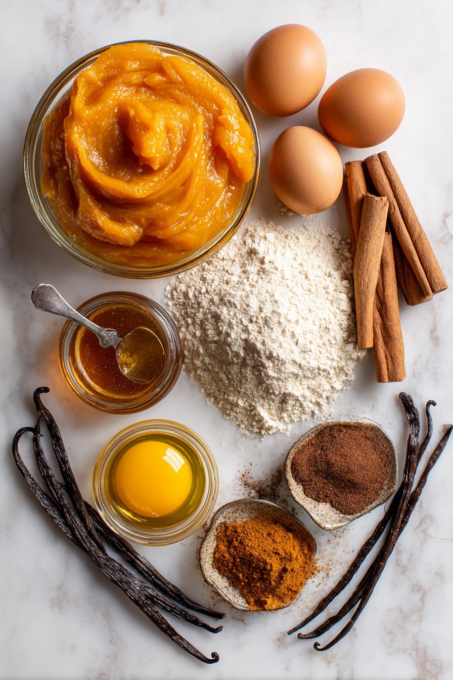 Flat lay of vibrant orange pumpkin puree in a clear bowl, glossy amber-brown browned butter with a smooth texture, shiny golden eggs with smooth shells, warm golden maple syrup in a small glass jar, a neat pile of whole wheat pastry flour with fine texture, cinnamon sticks and bright brown nutmeg pods alongside small piles of ground cinnamon, nutmeg, ginger, and allspice showing their rich earthy tones, and fresh vanilla beans with glossy dark pods scattered lightly, all beautifully arranged in a balanced composition with natural light highlighting their colors and textures, placed on white marbled surface, photo taken with an iphone --ar 2:3 --v 7 - Healthy Pumpkin Bread with Maple Glaze, pumpkin bread recipe, healthy pumpkin loaf, wholesome pumpkin bread, maple glaze pumpkin bread