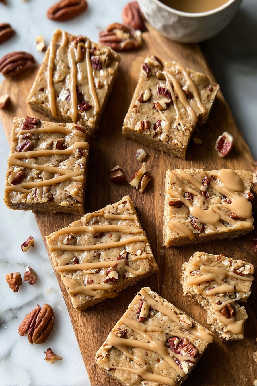 The image shows five square nut bars arranged on a wooden board, each bar having a thick, light brown base mixed with pecan pieces. The top has a drizzle of creamy, light tan sauce that flows down the sides and pools slightly on the board. The texture of the bars looks crumbly and dense with visible nut chunks. In the background, a white mug with light brown liquid inside has a drip of the same creamy sauce running down its side. The surface below the wooden board is a white marbled texture. photo taken with an iphone --ar 2:3 --v 7 - Maple Pecan Blondies with Caramel Glaze, Maple blondie bars, Pecan blondie dessert, Caramel glazed blondies, Sweet nutty blondie recipe