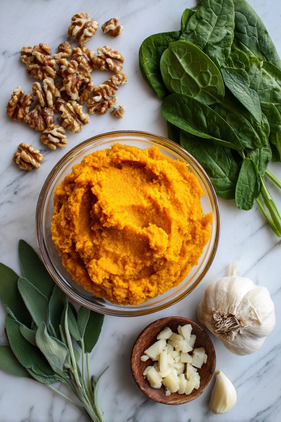 Flat lay of bright orange pumpkin purée in a clear bowl, fresh deep green spinach leaves fanned out, whole fresh sage leaves with velvety texture, a small pile of golden roasted pepitas, rich brown chopped walnuts scattered casually, creamy white grated parmesan cheese with fine texture, cloves of pale minced garlic, placed on white marbled surface, photo taken with an iphone --ar 2:3 --v 7 - Pumpkin Pasta, Pumpkin Pasta Recipe, Fall Pasta Dish, Creamy Pumpkin Pasta, Easy Pumpkin Pasta