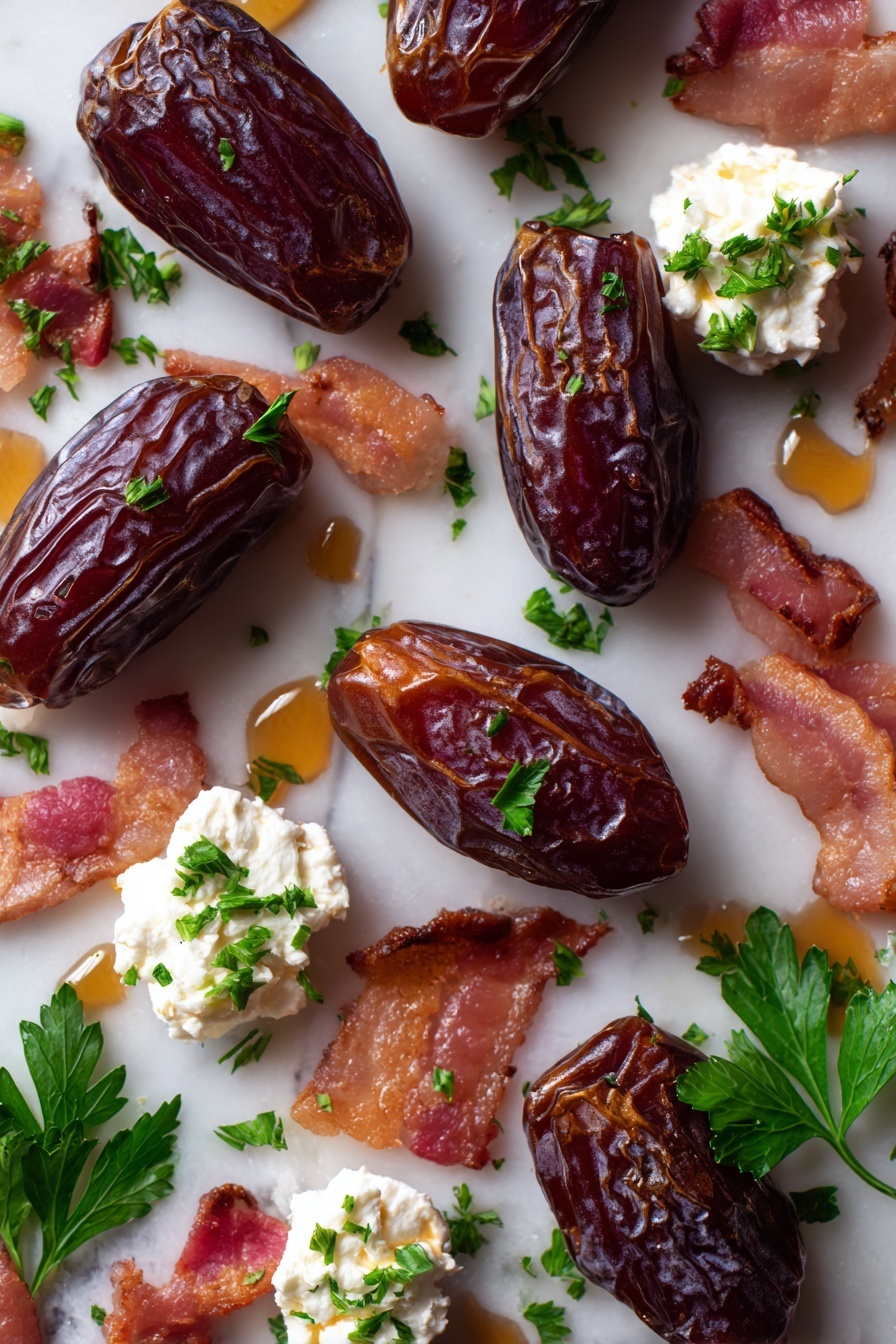 Flat lay of plump Medjool dates with glossy dark brown skin, creamy white goat cheese dollops, thin strips of streaky pink and white bacon, shiny amber maple syrup drizzles, and bright green chopped parsley leaves scattered naturally around, all arranged with a mix of soft, smooth, and crispy textures, placed on white marbled surface, photo taken with an iphone --ar 2:3 --v 7 - Bacon-Wrapped Dates Stuffed with Goat Cheese and Drizzled with Maple Syrup, bacon-wrapped date appetizers, goat cheese stuffed dates, sweet and salty appetizer, easy bacon date bites
