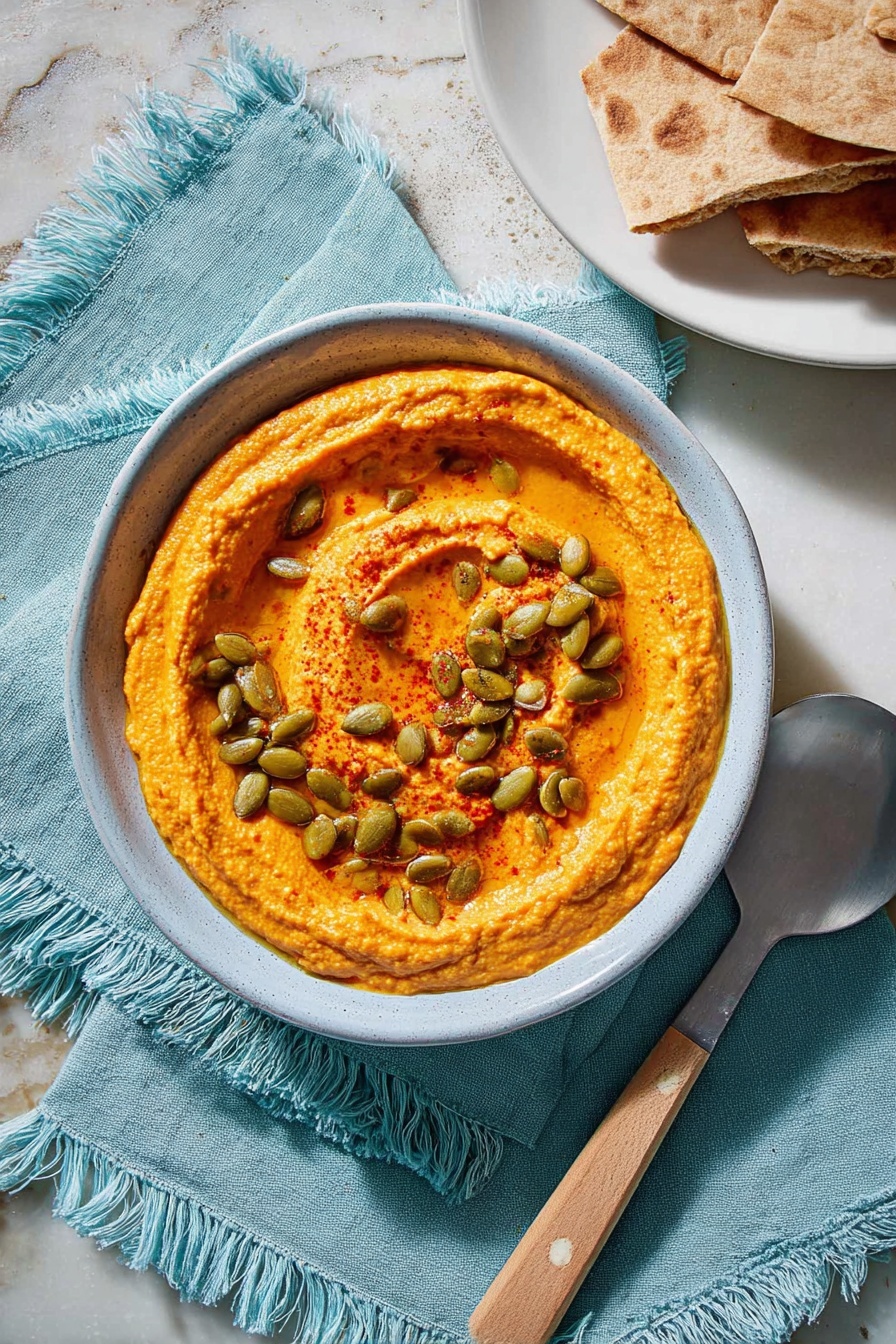 A thick and creamy layer of bright orange hummus is spread in a swirl on a white plate, giving it a textured look with smooth, curved ridges. Scattered unevenly across the surface are shiny, green pumpkin seeds, adding a crunchy detail. The right edge of the hummus pool is topped with two triangular pieces of pita bread resting on top, slightly overlapping each other and showing a golden-brown toasted color. The plate sits on a white marbled surface with parts of a blue cloth visible underneath the bottom edge, enhancing the warm tones of the dish. photo taken with an iphone --ar 2:3 --v 7 - Pumpkin Hummus, pumpkin hummus recipe, fall appetizer, healthy dip, easy hummus ideas
