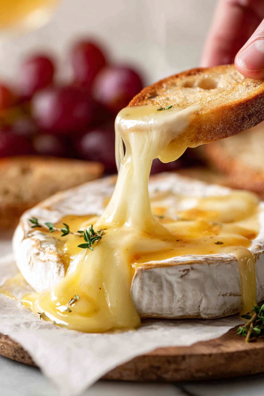 A white round wheel of soft cheese with a cut on the top showing creamy pale yellow melted cheese oozing out, topped with golden honey and a small green thyme sprig, placed on white parchment paper. Next to the cheese is a small bunch of red grapes with a shiny smooth surface. Around the cheese and grapes, there are several slices of light golden toasted bread with a crunchy texture. The whole setup is on a white marbled surface. Photo taken with an iphone --ar 2:3 --v 7 - Baked Brie with Honey and Thyme, baked brie appetizer, easy cheese appetizer, honey thyme cheese dip, elegant party starters