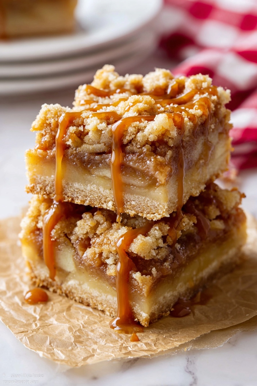 Two stacked dessert bars sit on crinkled brown parchment paper, placed on a white marbled surface. Each bar has three clear layers: the bottom layer is a solid light tan crust, the middle layer is a soft apple filling with visible thin slices, and the top layer is a crumbly, golden-brown streusel with small chunks and a rough texture. Rich caramel sauce is drizzled thickly over the top layer, slowly dripping down the sides and pooling slightly on the parchment below. The background is softly blurred, showing parts of a white plate and a red and white checkered cloth. photo taken with an iphone --ar 2:3 --v 7 - Salted Caramel Apple Pie Bars, apple pie bars with salted caramel, easy caramel apple dessert, autumn apple bar recipe, caramel apple dessert bars