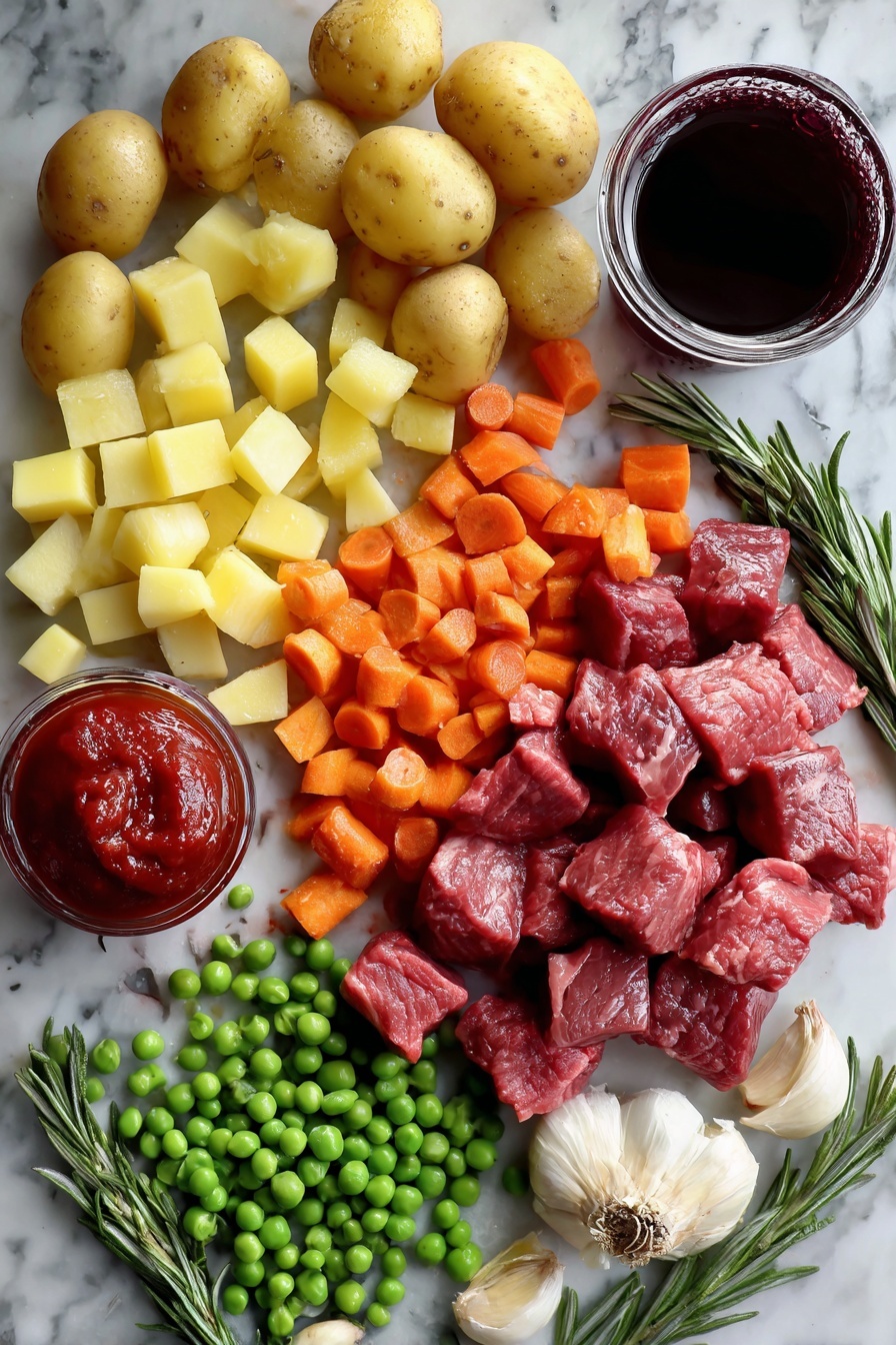 Flat lay of raw beef stew meat cubes, bright orange carrot chunks, halved baby Yukon gold potatoes, diced yellow onions, peeled garlic cloves, fresh rosemary sprig, glossy tomato paste dollop, deep red cabernet sauvignon wine poured in a small spill, vibrant green frozen peas scattered artfully, placed on a white marble surface, photo taken with an iphone --ar 2:3 --v 7 - Slow Cooker Beef Stew, hearty beef stew, easy beef stew recipe, comfort food beef stew, slow cooker dinner