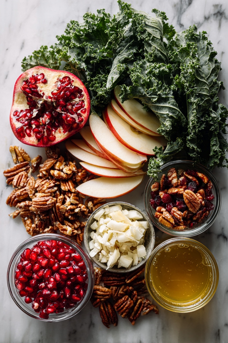 Flat lay of a large bunch of fresh kale leaves, thinly sliced apple slices with red skin, small chopped dried figs, bright red pomegranate arils, toasted pecans with a golden sheen, crumbled white goat cheese, a small pile of chopped shallots, and a small glass jar filled with golden balsamic vinaigrette, all beautifully arranged with balanced spacing and natural light, placed on a white marble surface, photo taken with an iphone --ar 2:3 --v 7 - Fall Harvest Kale Salad with Dried Figs Pomegranate and Toasted Pecans, healthy fall salads, seasonal kale salad recipes, tasty autumn salad ideas, nutritious kale salads with dried fruits