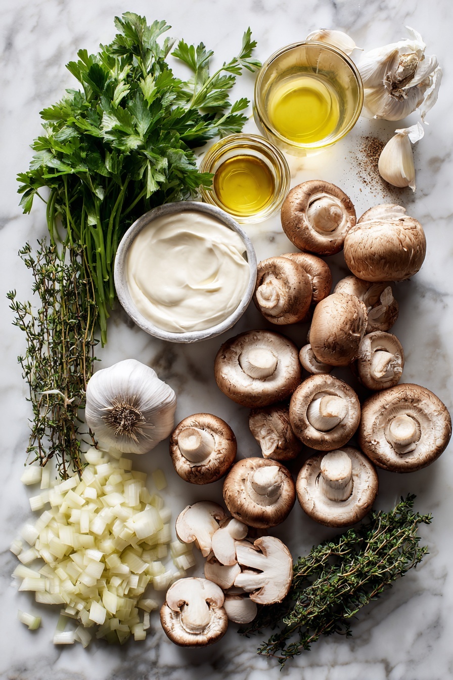 Flat lay of fresh white button mushrooms and cremini mushrooms sliced and whole, a chopped yellow onion, bright fresh thyme sprigs, two garlic cloves with their papery skins, a small glass of dry white wine with a slight golden tint, a bunch of vibrant green parsley leaves, a small pool of creamy white heavy cream, and a drizzle of glossy extra-virgin olive oil, all beautifully arranged with balanced spacing and natural lighting, placed on a white marble surface, photo taken with an iphone --ar 2:3 --v 7 - Creamy Mushroom Soup, mushroom soup, creamy mushroom recipe, comforting mushroom soup, easy mushroom soup