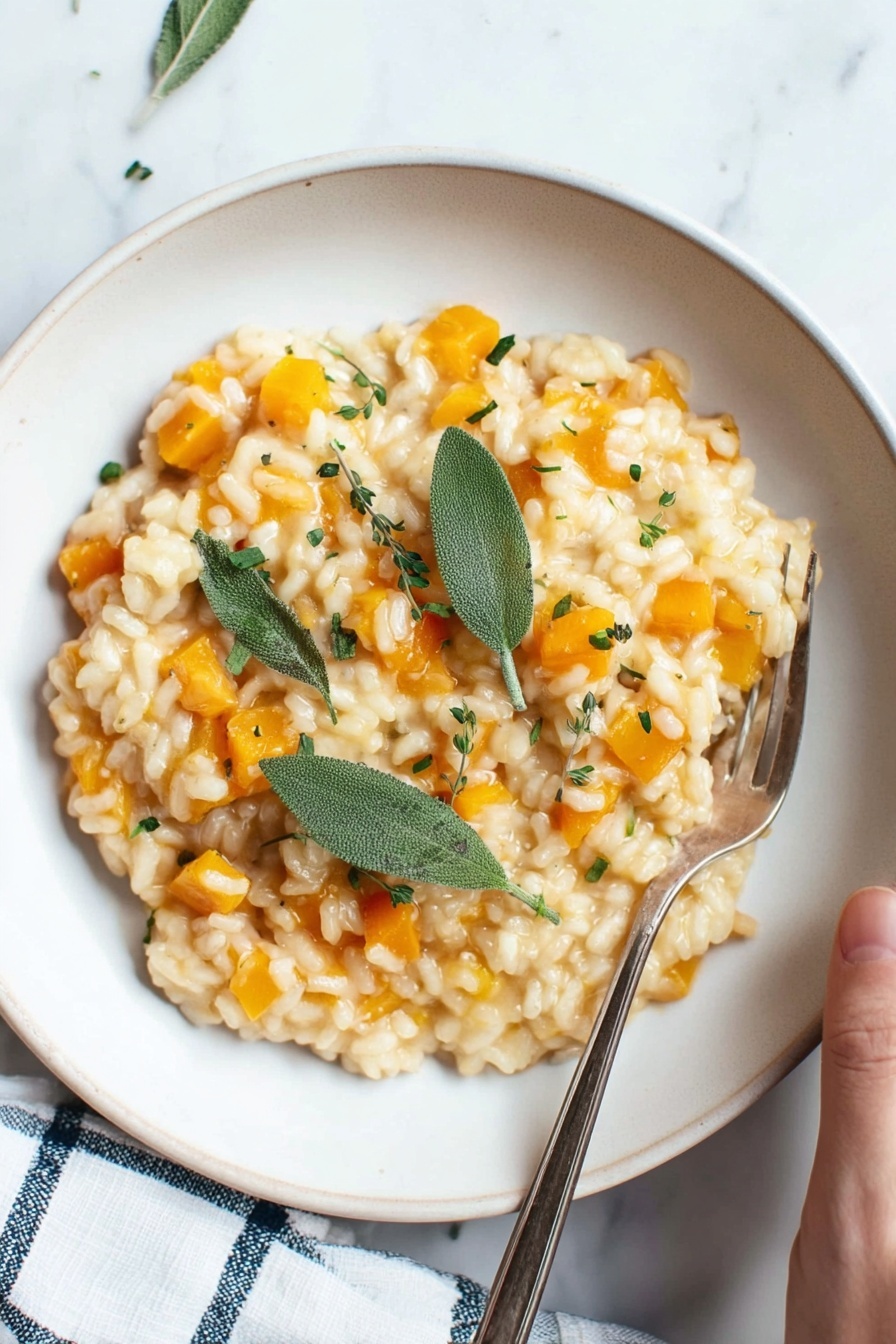 A shallow white plate holds a creamy risotto with visible small orange cubes mixed throughout, likely squash, and sprinkled with finely chopped green herbs. Three whole sage leaves are placed on top, adding a fresh touch. A silver fork rests gently on the side of the risotto, with a woman's hand lightly holding it. The background and surface are a clean white marbled texture, with a white and blue checkered cloth partly visible at the edge. photo taken with an iphone --ar 2:3 --v 7 - Butternut Squash Risotto, easy butternut squash risotto, creamy vegetable risotto, cozy fall dinner recipes, vegetarian risotto ideas
