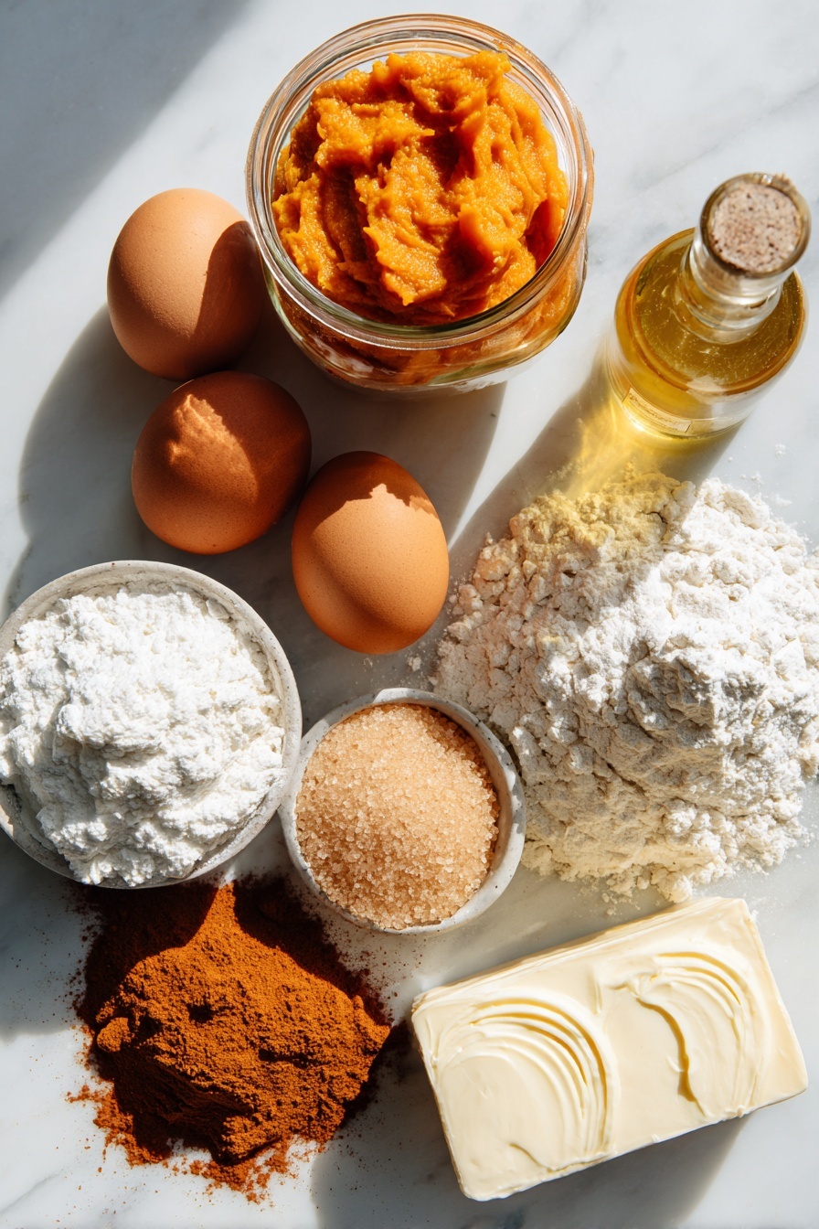 Flat lay of bright orange pumpkin puree in a small glass jar, a mound of soft light brown sugar crystals, golden vegetable oil in a clear bottle, two fresh brown eggs, a heap of pale all-purpose flour, a small pile of warm brown ground cinnamon and ginger powders, smooth white cream cheese block, a swirl of creamy butter, and a dusting of fine white confectioners’ sugar, beautifully arranged with natural light and soft shadows, placed on a white marble surface, photo taken with an iphone --ar 2:3 --v 7 - Pumpkin Whoopie Pies, pumpkin whoopie pies recipe, fall dessert recipes, pumpkin desserts, easy pumpkin desserts