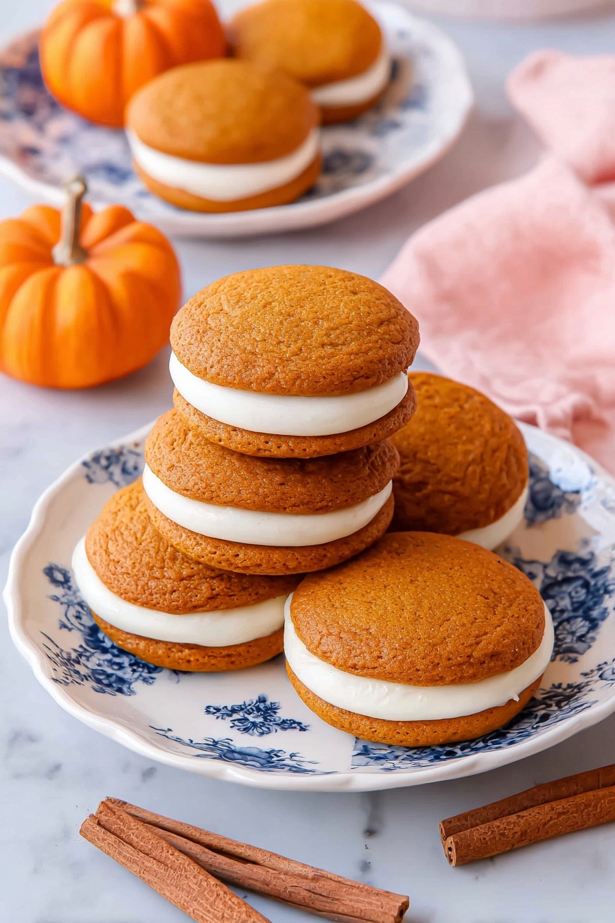 The image shows a stack of five round, soft pumpkin sandwich cookies on a white plate with blue floral patterns. Each cookie has two orange-brown spongy layers, with a thick, smooth white cream filling in between. In the background, there is one more cookie on a smaller white plate with the same blue floral design, and two small orange pumpkins. A pink cloth is casually placed near the plate, and two cinnamon sticks lie on the white marbled surface in front. The overall colors are warm and inviting, emphasizing the autumn theme. Photo taken with an iphone --ar 2:3 --v 7 - Pumpkin Whoopie Pies, pumpkin whoopie pies recipe, fall dessert recipes, pumpkin desserts, easy pumpkin desserts