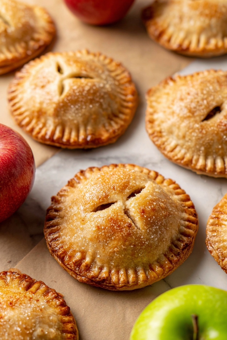 The image shows a stack of three golden-brown hand pies with crimped edges, each pie topped with coarse sugar crystals that add a sparkly texture. Their crusts have a slightly flaky and browned finish, and the top pie has a small round vent hole in the center. Surrounding the pies are whole apples in red and green colors, placed on a white marbled surface with scattered sugar crystals and more hand pies blurred in the background. The overall feeling is warm and inviting with focus on the textures of the baked pies and fresh apples photo taken with an iphone --ar 2:3 --v 7 - Apple Hand Pies, apple hand pies recipe, portable apple pies, easy apple hand pies, homemade apple hand pies