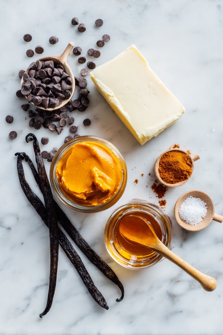 Flat lay of smooth cream cheese block, rich pumpkin puree in a small glass jar, glossy dark chocolate chips scattered artfully, warm cinnamon and other pumpkin pie spices in tiny wooden spoons, vibrant amber maple syrup in a clear bottle, a few flakes of sea salt glistening, and a whole vanilla bean pod gently curved, all beautifully arranged on a white marble surface, photo taken with an iphone --ar 2:3 --v 7 - Pumpkin Cream Cheese Swirled Brownies, pumpkin brownies with cream cheese, fall dessert recipes, chocolate pumpkin brownies, easy autumn brownie treats