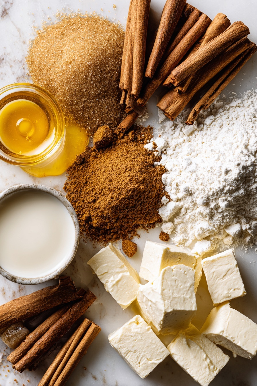 Flat lay of dark brown sugar piled next to a heap of ground cinnamon sticks, golden melted butter pooled softly, a small splash of creamy milk, smooth white powdered sugar dusted lightly, a few cubes of cream cheese, and a scattering of all-purpose flour, all beautifully arranged with warm golden hues and soft shadows, placed on a white marble surface, photo taken with an iphone --ar 2:3 --v 7 - Classic Homemade Cinnamon Rolls with Cinnamon Sugar Glaze, cinnamon roll recipe, easy cinnamon rolls, fluffy cinnamon rolls, homemade cinnamon roll glaze