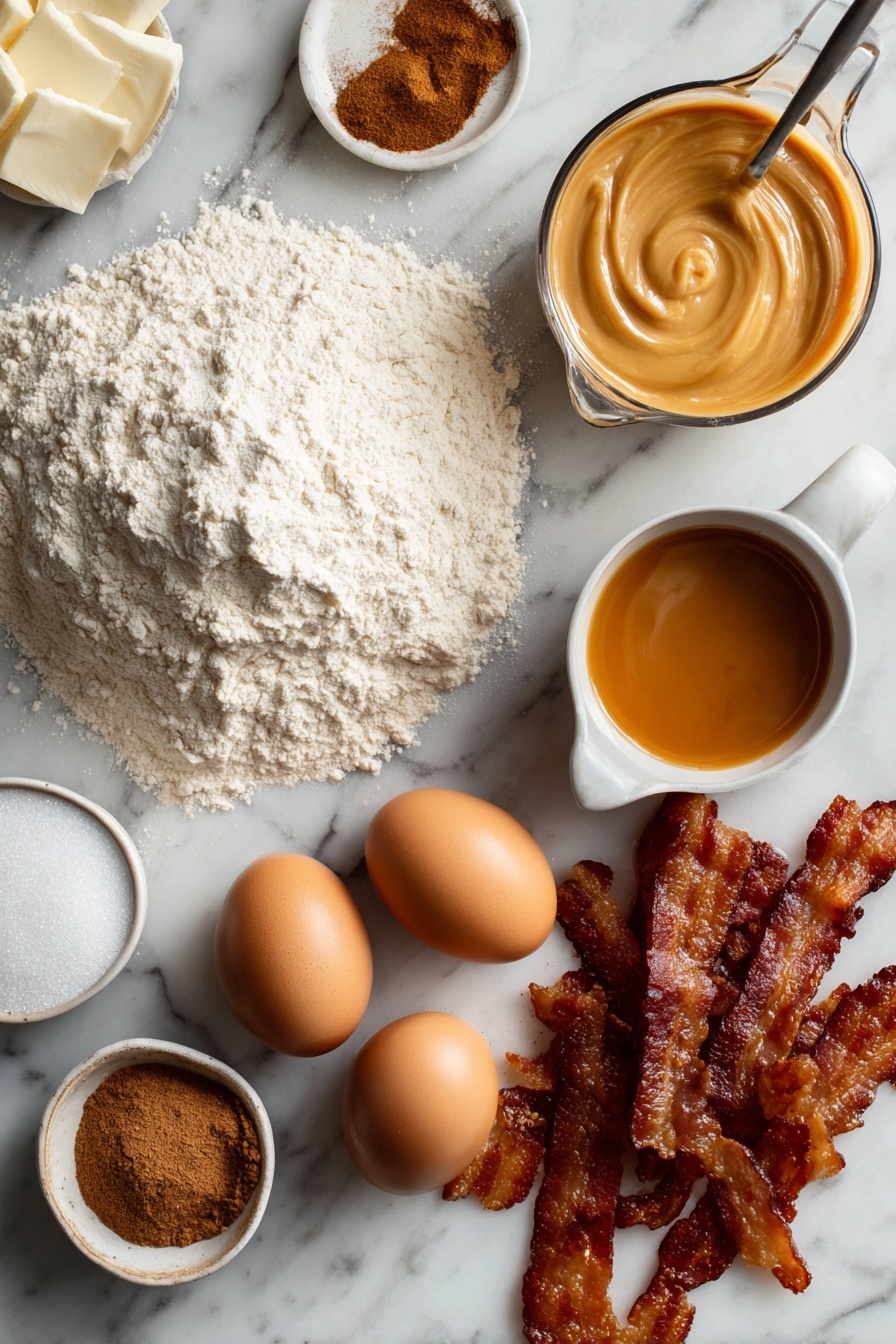 Flat lay of a mound of all-purpose flour dusted with a light sprinkle of ground nutmeg and cinnamon nearby, two large brown eggs resting close to a small pool of melted golden butter, a measuring cup filled with creamy half & half, a neat pile of granulated sugar, a small bowl of smooth maple glaze with a drizzle of vanilla essence visible, and crispy, chopped smoky bacon strips scattered artfully, placed on a white marble surface, photo taken with an iphone --ar 2:3 --v 7 - Maple Donuts with Bacon and Maple Glaze, maple bacon donuts, homemade maple glazed donuts, sweet and savory donuts, fluffy cake donuts with bacon