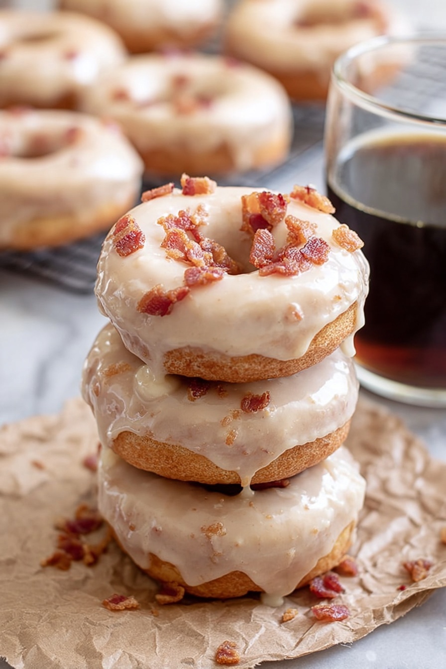 A stack of four round donuts is shown, each donut coated with a shiny light beige glaze. The top donut has small crispy bacon bits scattered on the glaze, some bits also falling onto the ones below. The donuts have a soft, golden-brown texture visible under the glaze. The stack sits on crumpled brown parchment paper with a white marbled background. In the blurry background, more donuts are on a cooling rack. To the right of the stack, a clear glass cup of dark coffee stands, partially in view. Photo taken with an iphone --ar 2:3 --v 7 - Maple Donuts with Bacon and Maple Glaze, maple bacon donuts, homemade maple glazed donuts, sweet and savory donuts, fluffy cake donuts with bacon